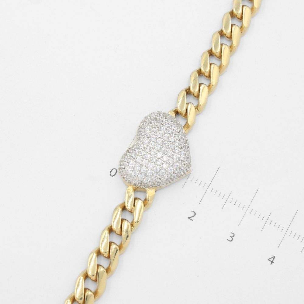 Pulsera de Oro 14k Hueco de Tejido Barbado con Broche y Corazón Incrustados de Zirconias mod. 9687