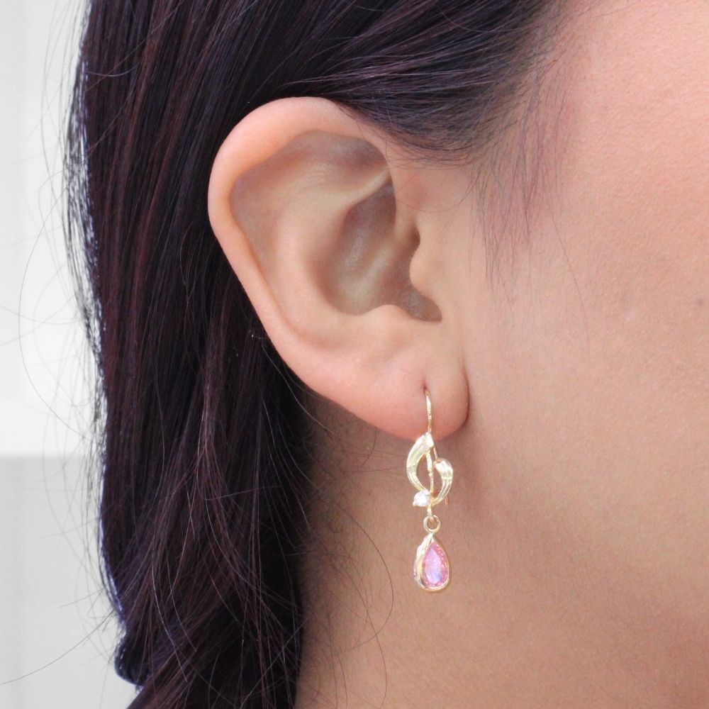 Arete con Broche Arillo de Oro 14k Estilo Largo Elegante con Zirconia Color Rosa Limonade mod. 9768