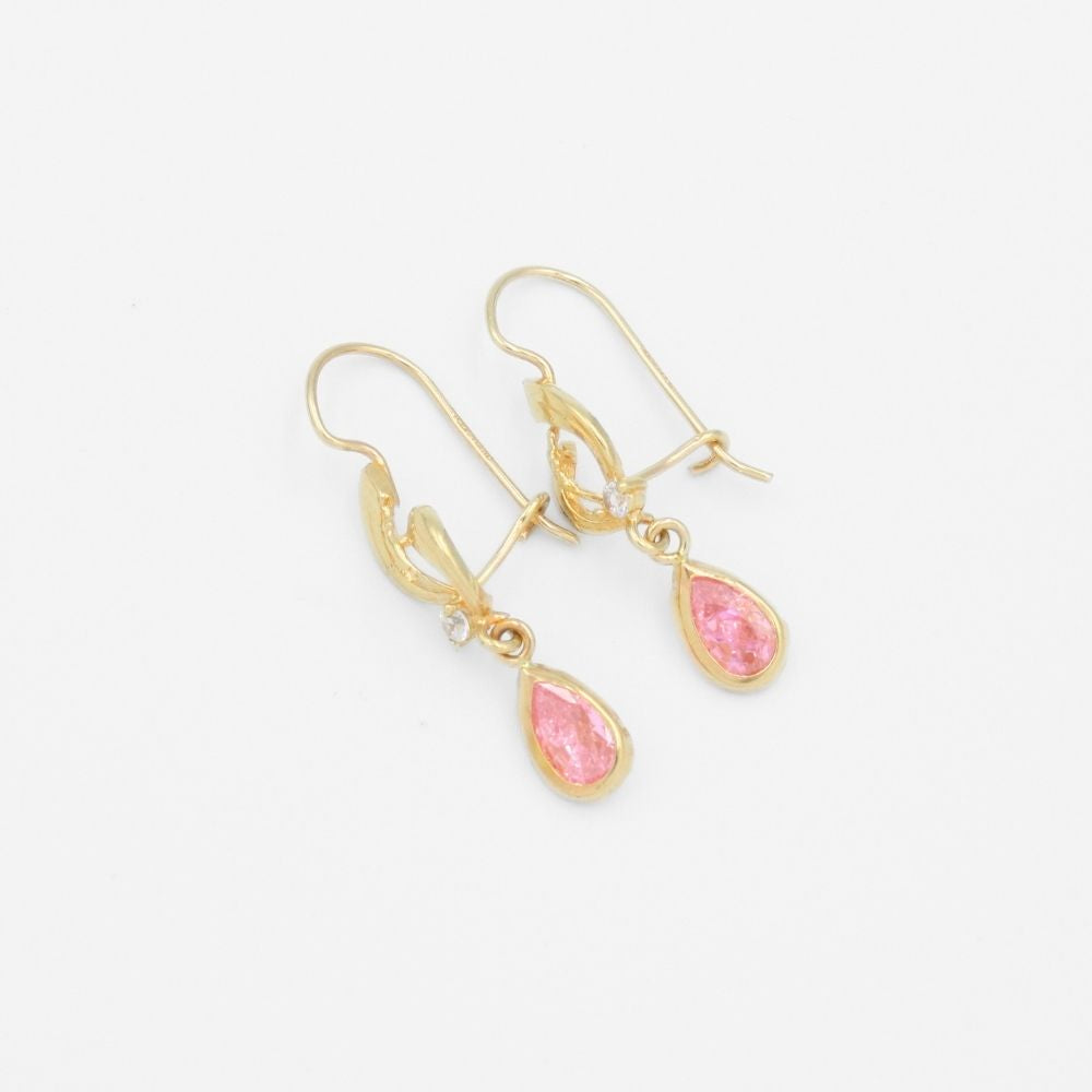 Arete con Broche Arillo de Oro 14k Estilo Largo Elegante con Zirconia Color Rosa Limonade mod. 9768