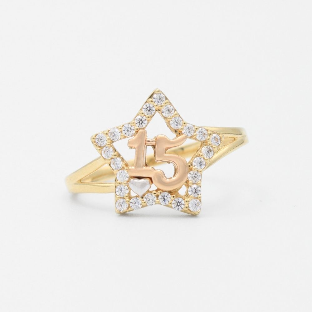 Anillo XV Años de Oro 14k Diseño de Estrella con Número 15 Incrustado con Zirconias mod. 9398