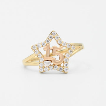 Anillo XV Años de Oro 14k Diseño de Estrella con Número 15 Incrustado con Zirconias mod. 9398