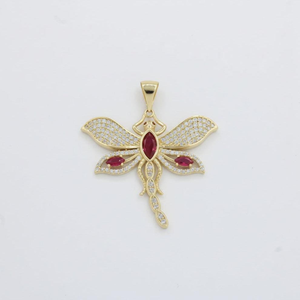 Dije de Oro 14k Libélula con Alas de Zirconias y Centro Rojo Rubí mod. 10083