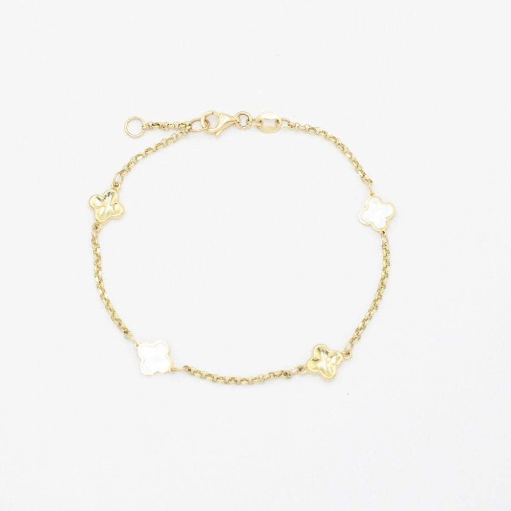 Pulsera de Oro 14k Diseño de Trébol Incrustado con Perla y Eslabones Diamantados Huecos mod. 9319
