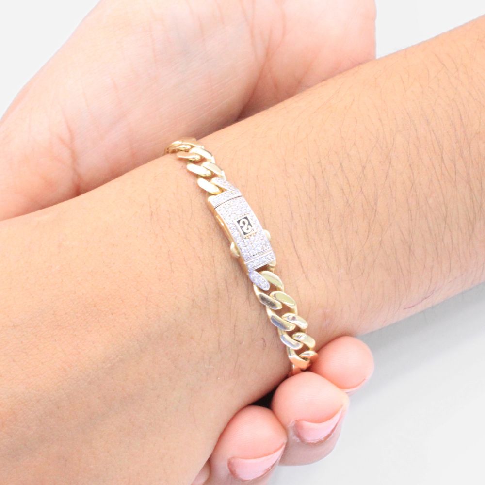 Esclava de oro 14k Tejido Barbado Hueco con Placa y Broche Incrustado con Zirconias Finas mod. 8222