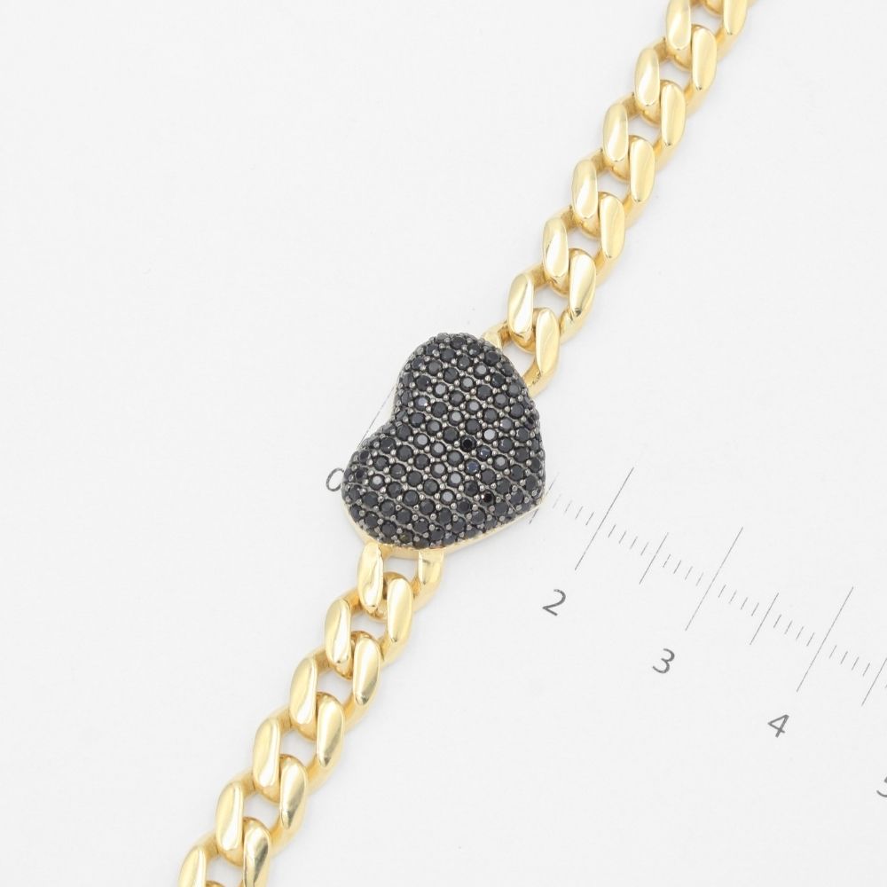 Pulsera de Oro 14k Diseño Hueco Plus con Corazón Incrustado con Zirconias Oscuras mod. 9379