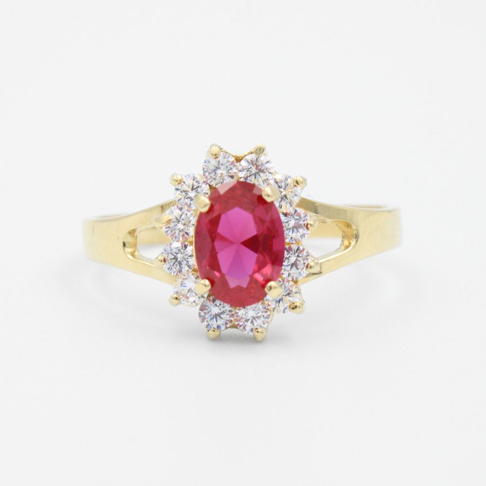 Anillo de Oro 14k Flor con Zirconia Color Rojo mod. 9182