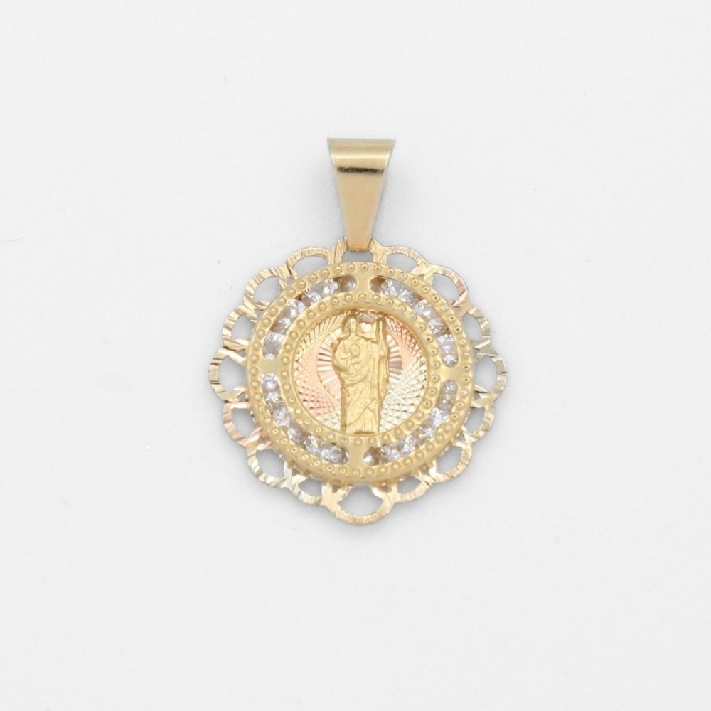 Medalla de Oro 14k San Judas en Diseño Diamantado con Zirconias Brillantes mod. 9845