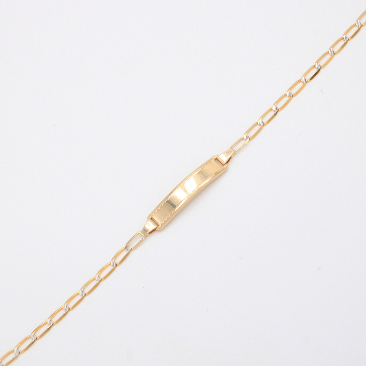 Esclava de Oro 14k para Niño Tejido Inglés con Diamantado y Placa Detallada mod. 11206