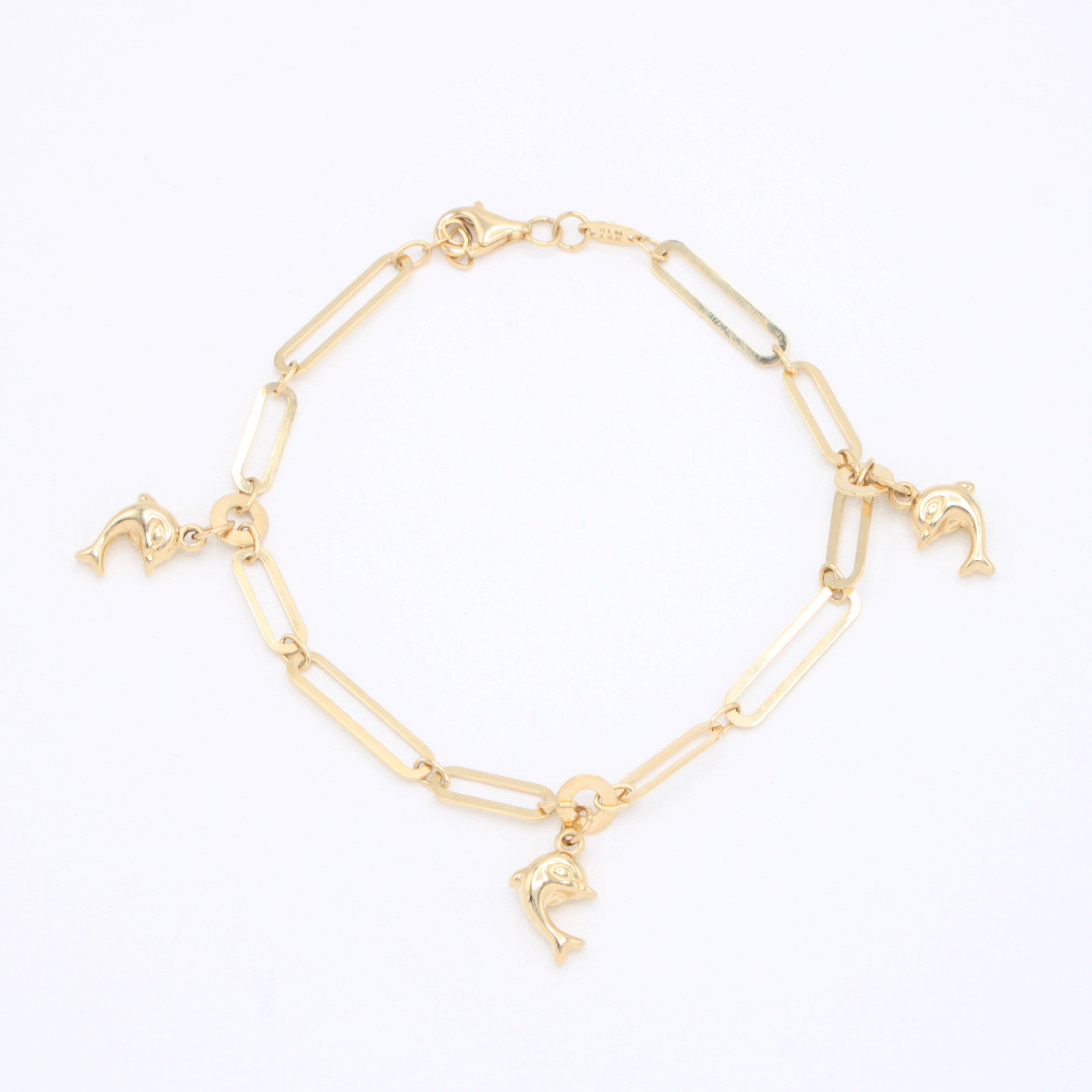 Pulsera de Oro 14k Tejido Paperclip con Delfines mod. 10963