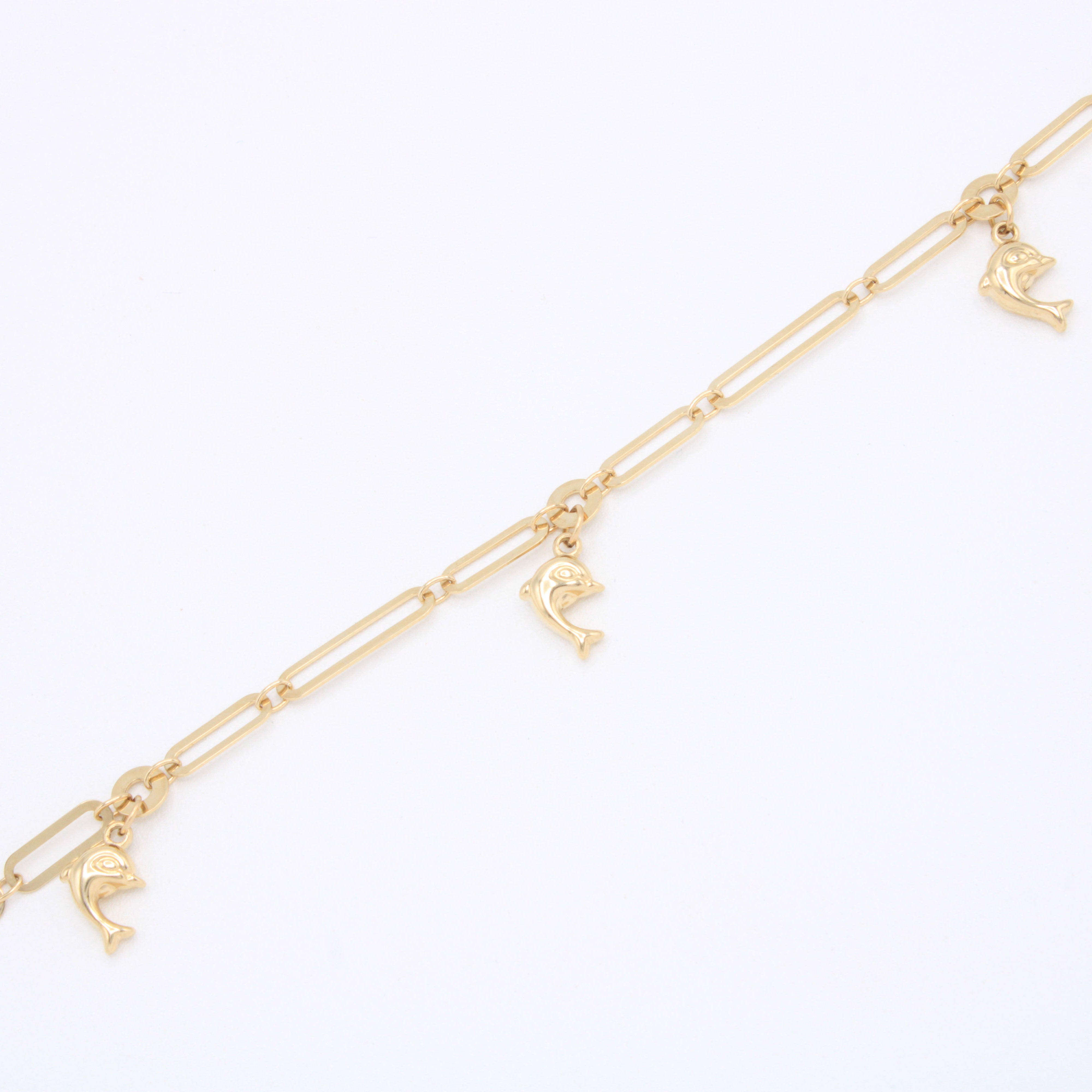 Pulsera de Oro 14k Tejido Paperclip con Delfines mod. 10963
