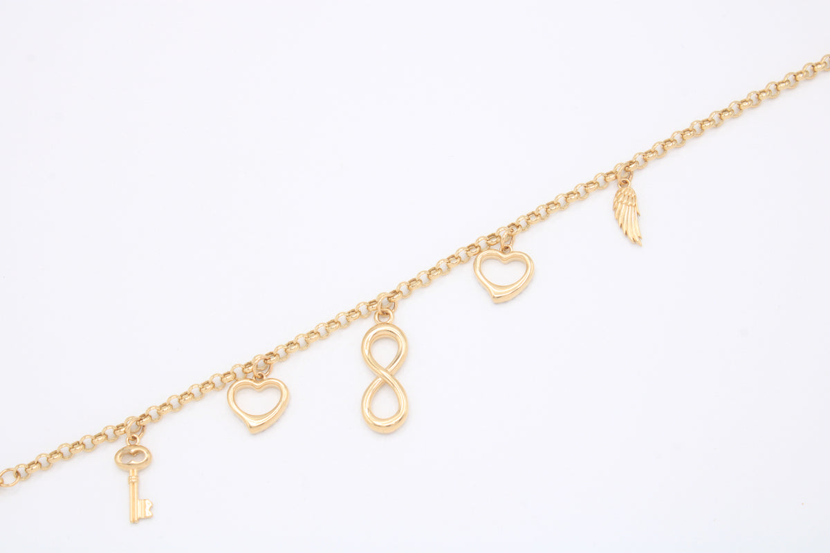 Pulsera de Oro 14k con Colgantes de Corazones e Infinito mod. 10968