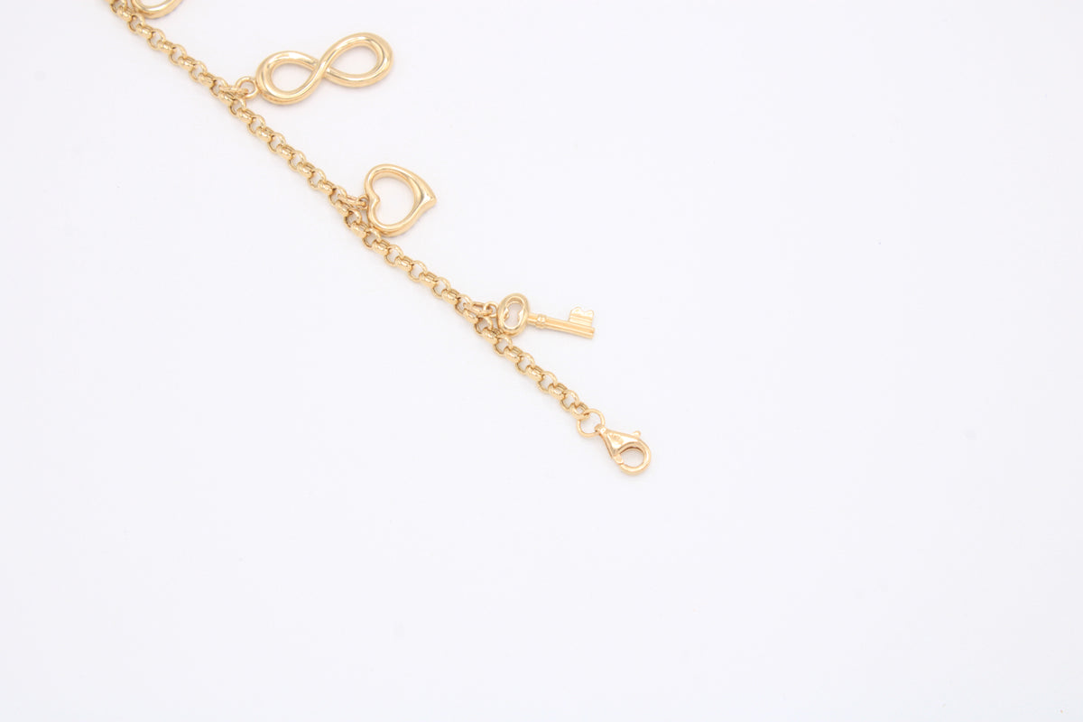 Pulsera de Oro 14k con Colgantes de Corazones e Infinito mod. 10968