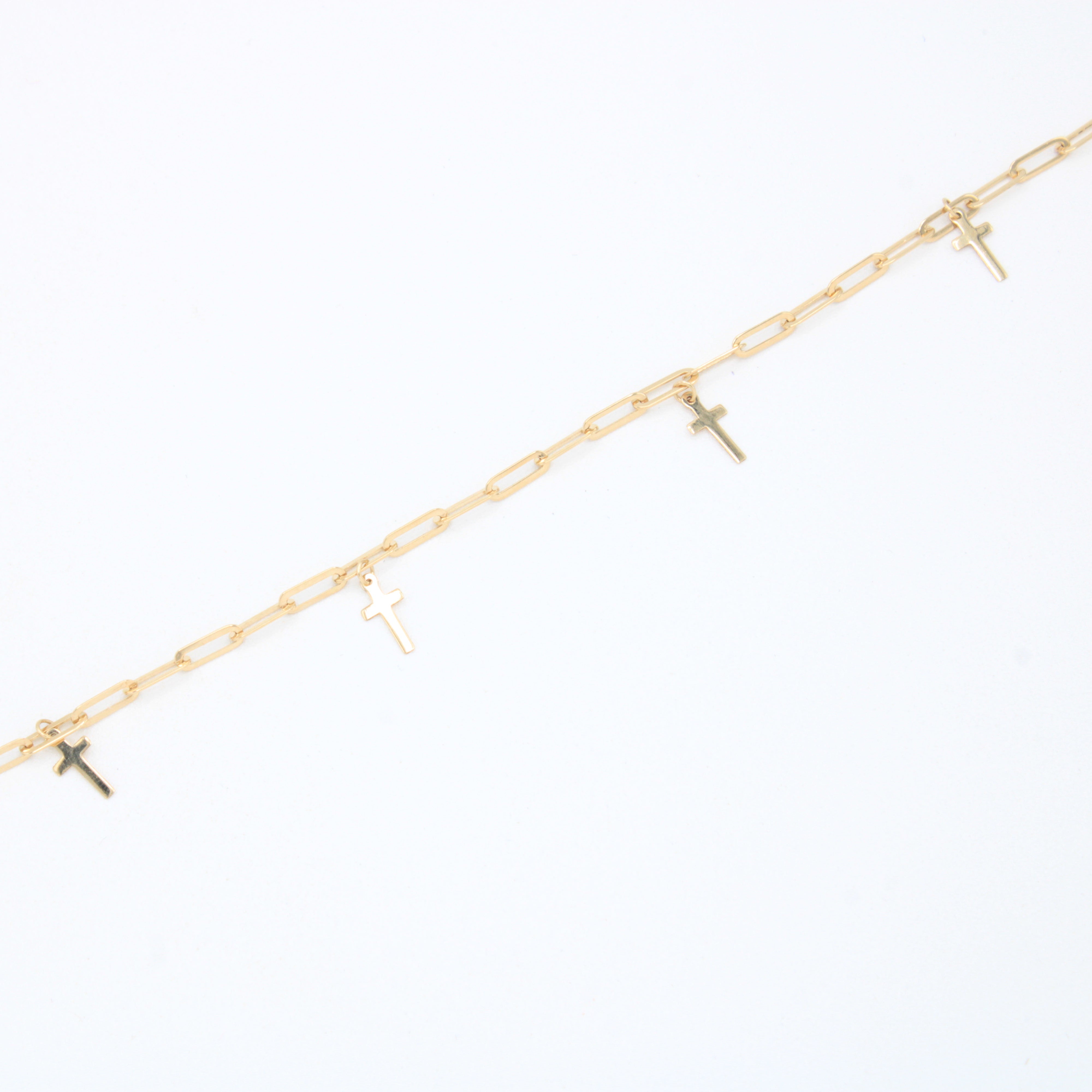 Pulsera de Oro 14k Tejido Paperclip con Cruces Colgantes mod. 10969