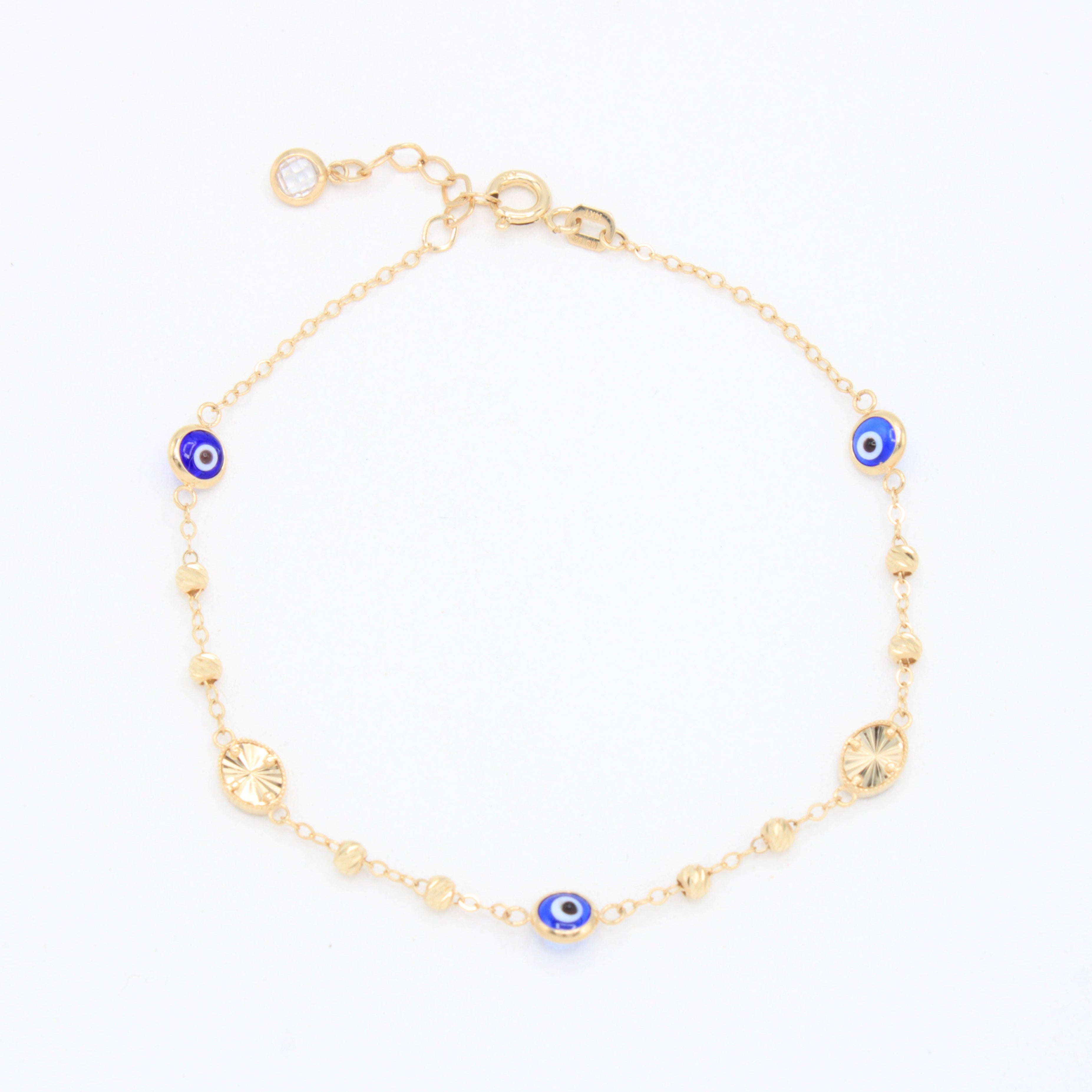 Pulsera de Oro 14k con Ojos Turcos y Bolitas Diamantadas mod. 10970
