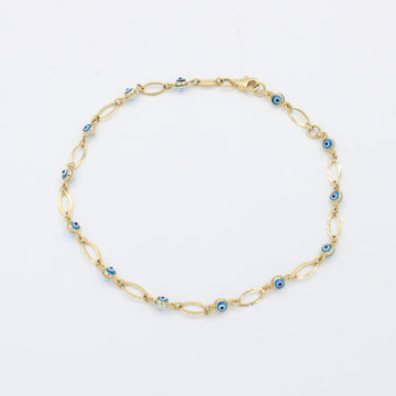 Tobillera de Oro 14k Tejido Eslabon Ovalado con Diseño de Ojo Turco mod. 10541