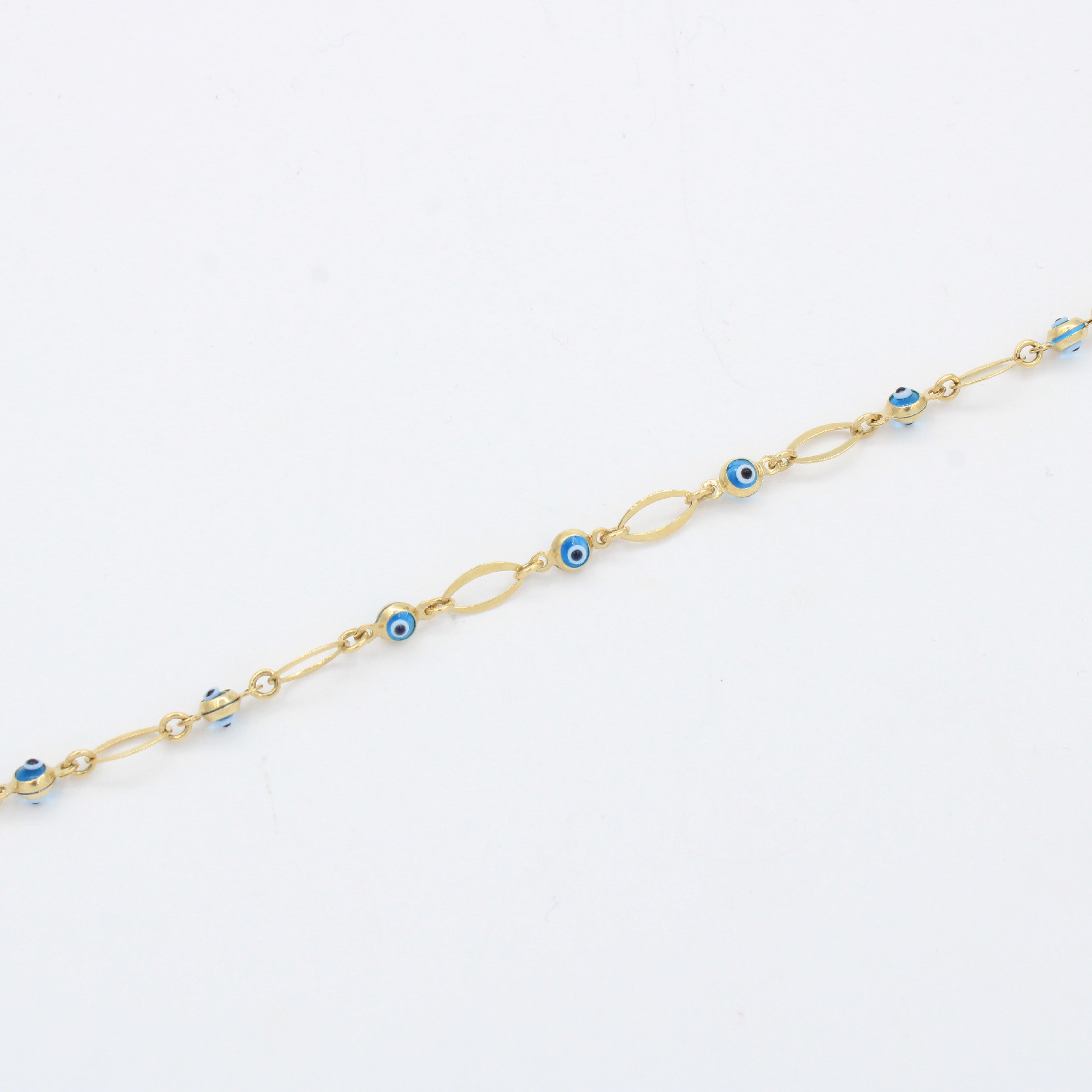 Tobillera de Oro 14k Tejido Eslabon Ovalado con Diseño de Ojo Turco mod. 10541