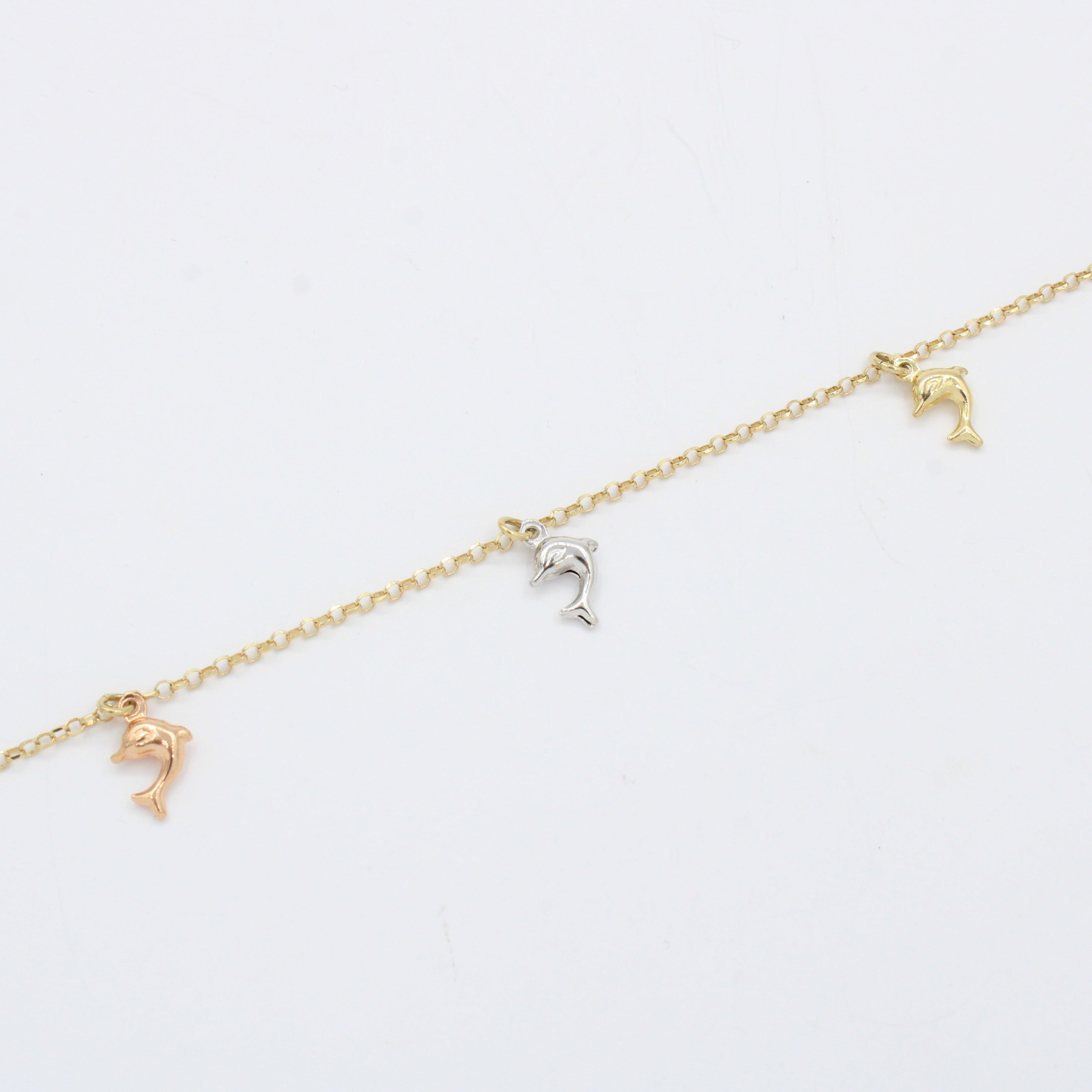 Tobillera de Oro 14k Diseño de Delfines Brillantes mod. 10544