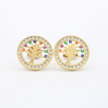 Arete de Oro 14k Árbol de la Vida con Bisel Redondo Incrustado con Zirconias mod. 10639