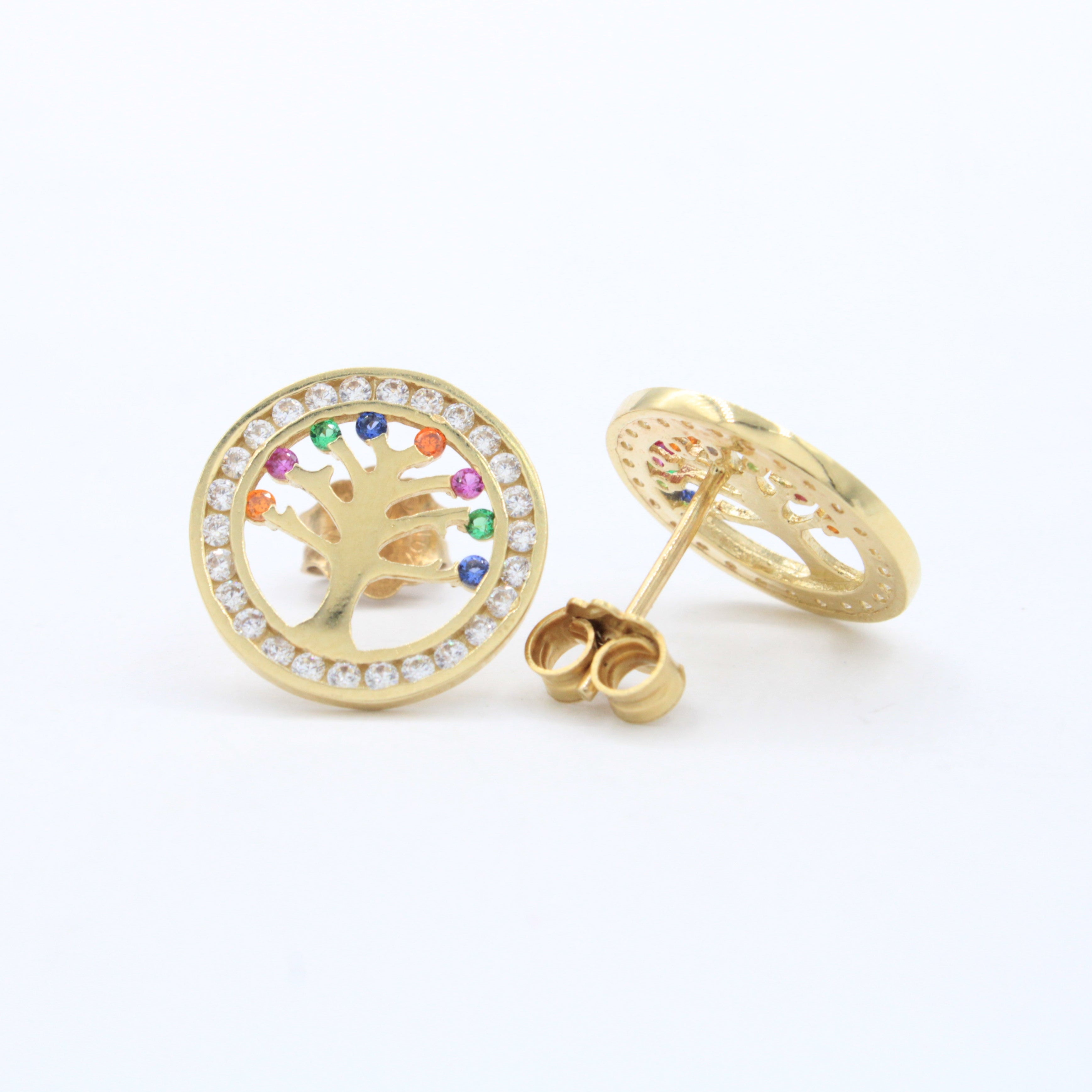 Arete de Oro 14k Árbol de la Vida con Bisel Redondo Incrustado con Zirconias mod. 10639