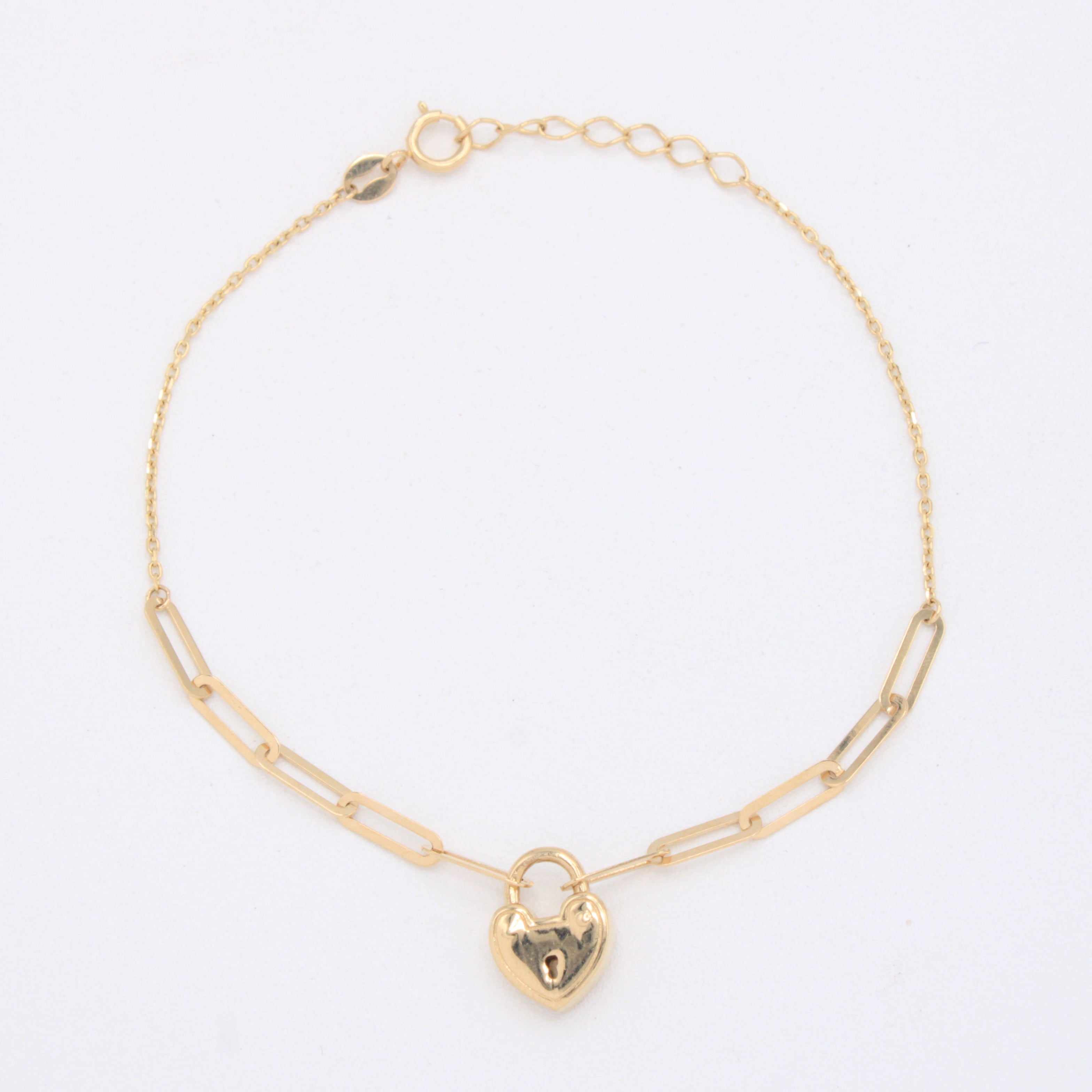 Pulsera de Oro 14k Paperclip con Corazón Candado mod. 11032