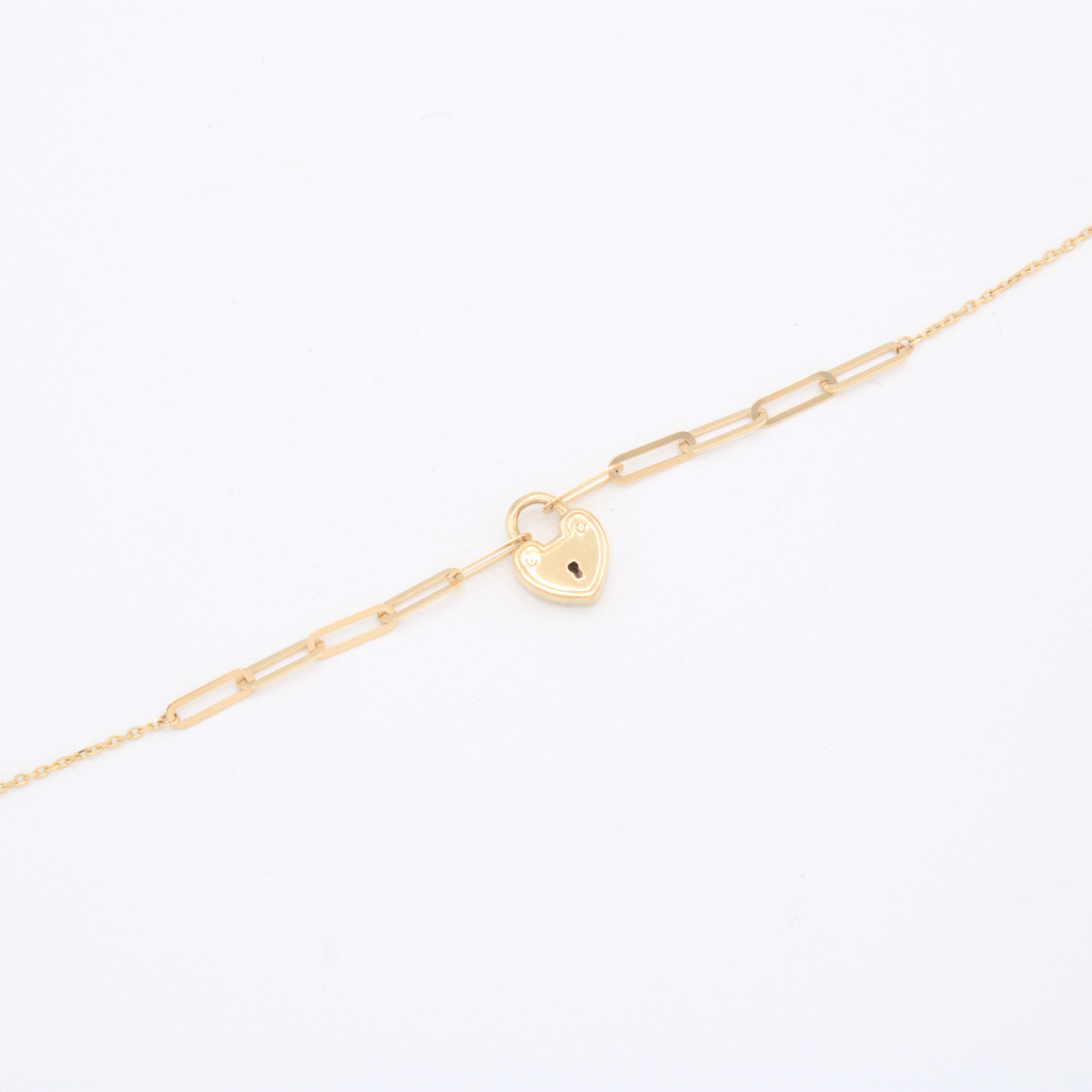 Pulsera de Oro 14k Paperclip con Corazón Candado mod. 11032