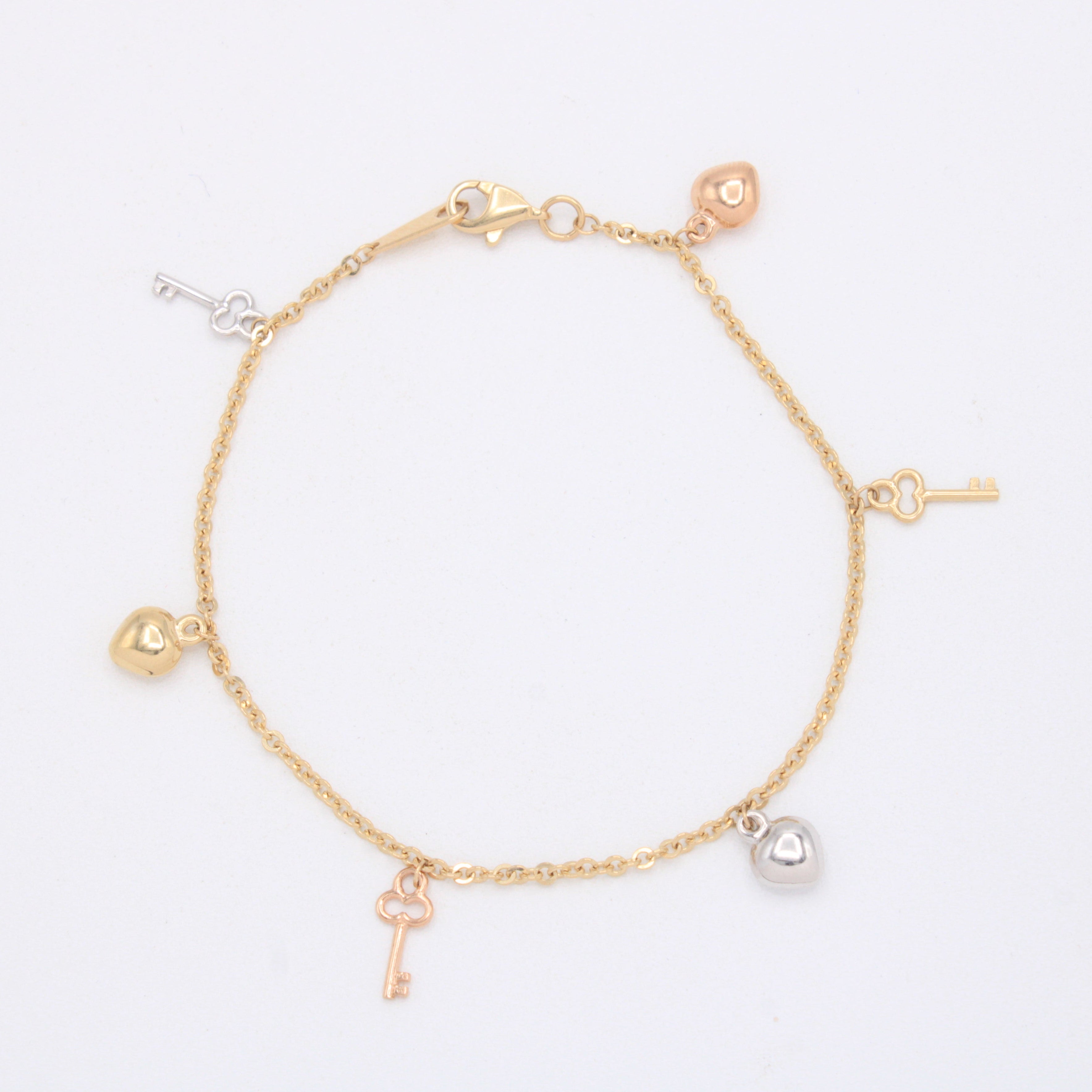 Pulsera de Oro 14k Corazones y Llaves Florentinas mod. 11033