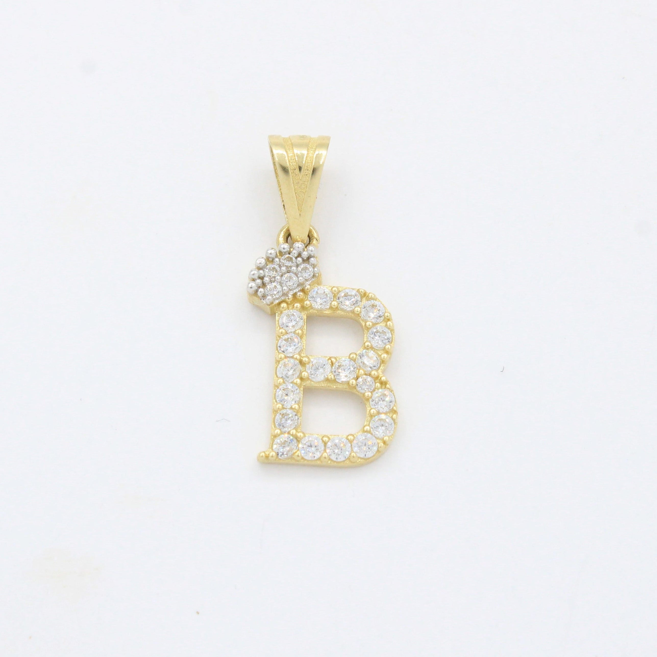 Dije de Oro 14k Modelo de Inicial B Diseñado con Corona e Incrustación de Zirconias mod. 10559