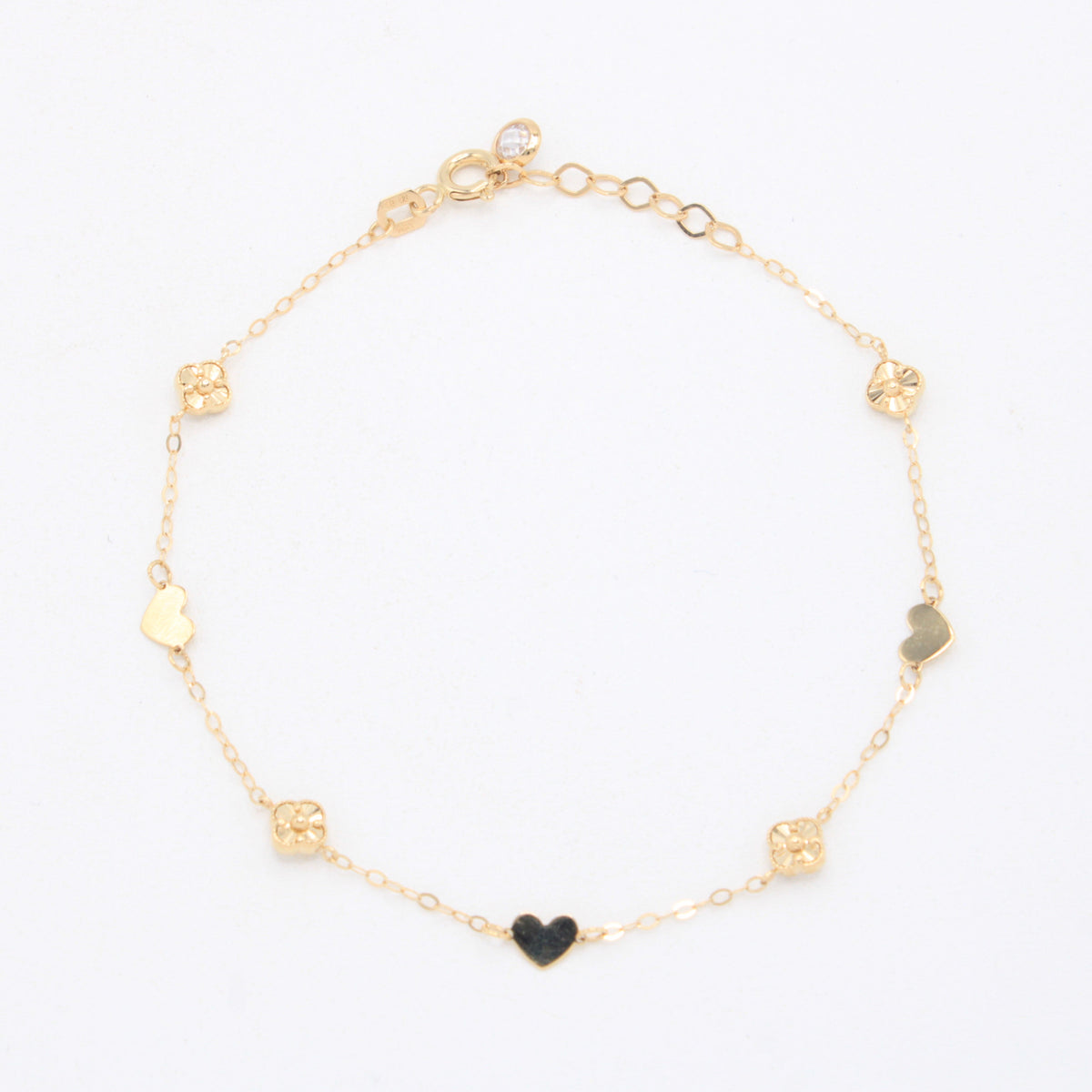 Pulsera de Oro 14k  Corazones y Flores Diamantadas mod. 11039