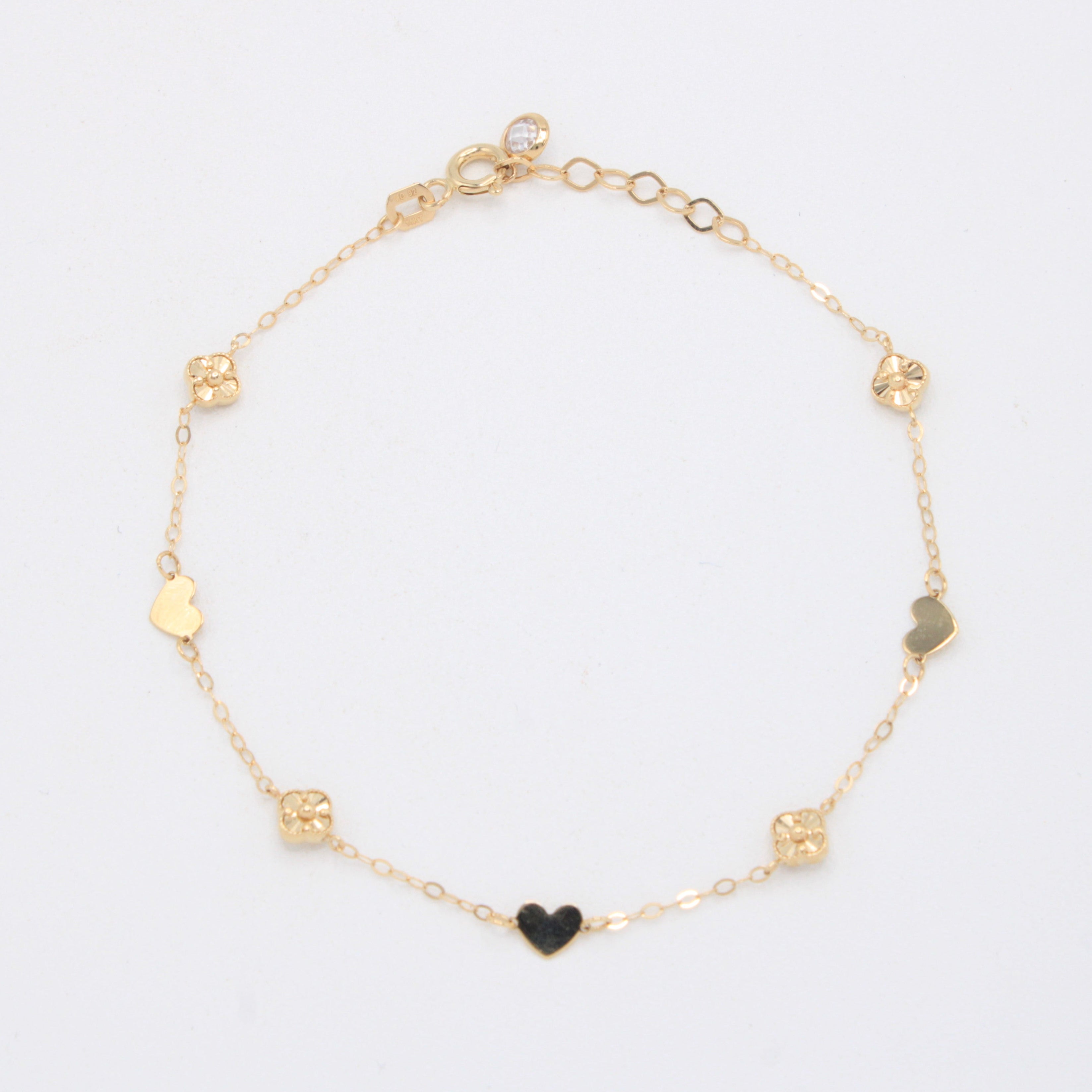 Pulsera de Oro 14k  Corazones y Flores Diamantadas mod. 11039