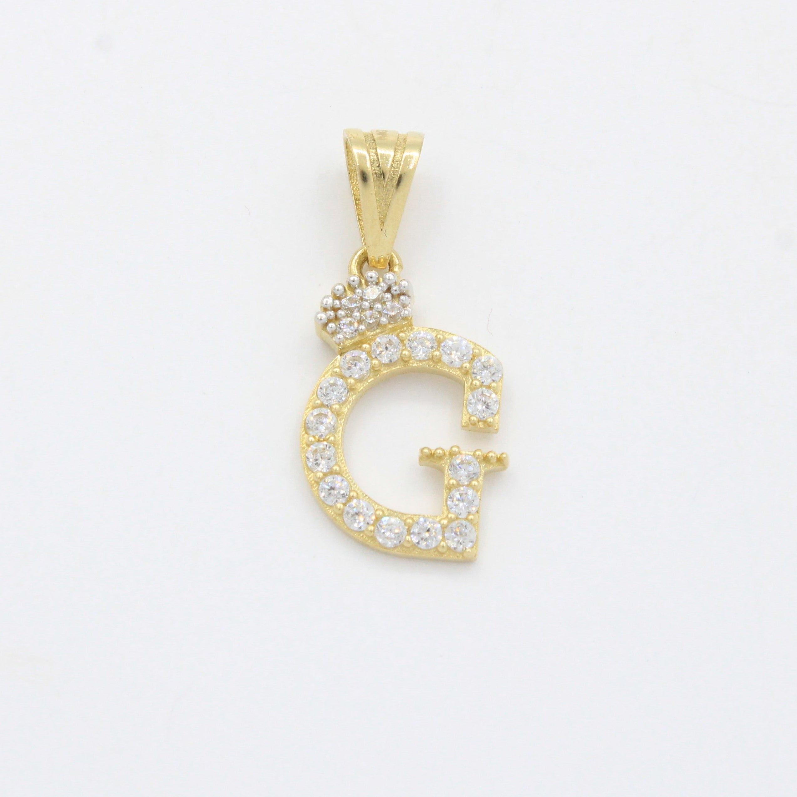 Dije de Oro 14k Modelo de Inicial G Diseñado con Corona e Incrustación de Zirconias mod. 10564
