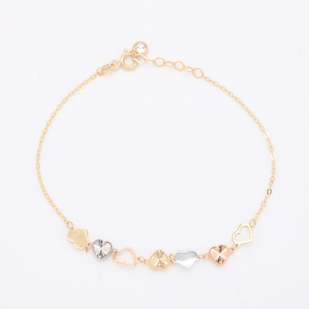 Pulsera de Oro 14k Corazones Inflados Lisos y Diamantados Florentinos mod. 11040