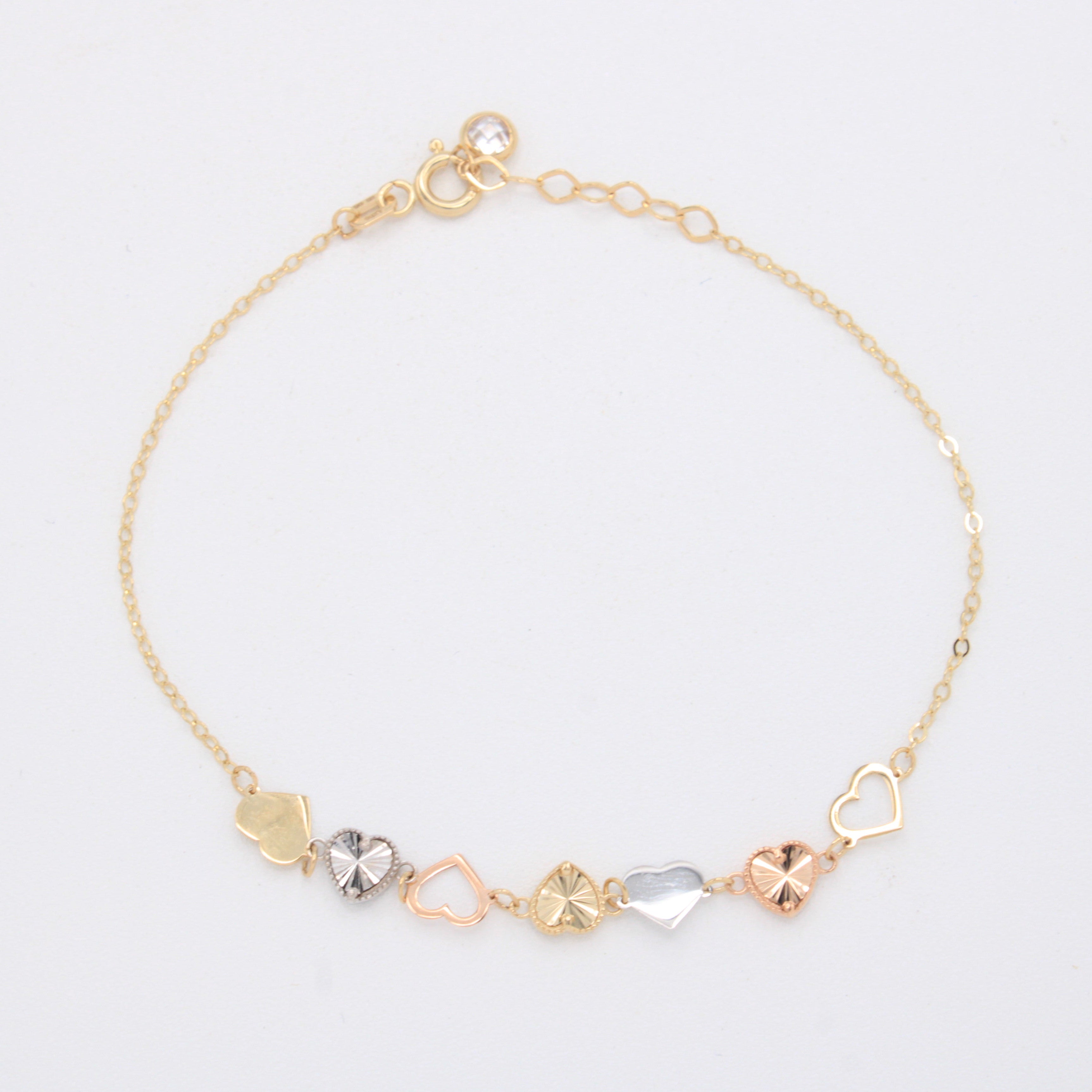 Pulsera de Oro 14k Corazones Inflados Lisos y Diamantados Florentinos mod. 11040