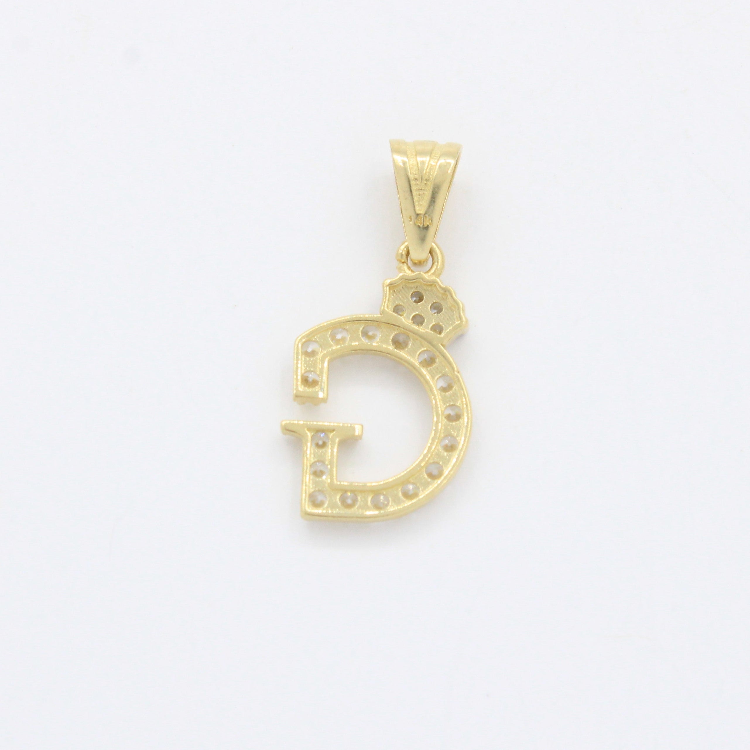 Dije de Oro 14k Modelo de Inicial G Diseñado con Corona e Incrustación de Zirconias mod. 10564
