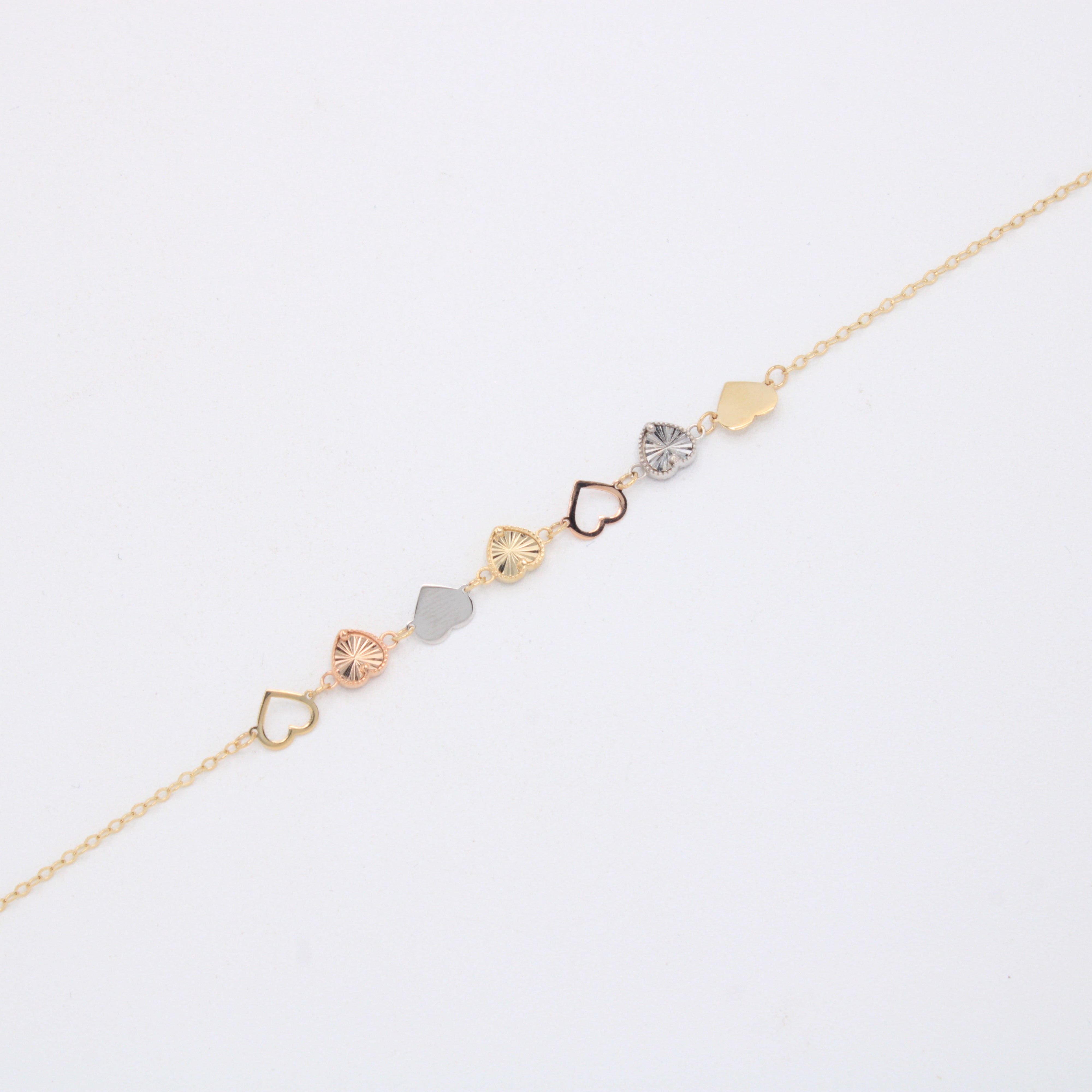 Pulsera de Oro 14k Corazones Inflados Lisos y Diamantados Florentinos mod. 11040