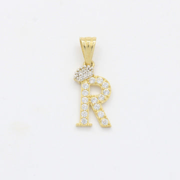 Dije de Oro 14k Modelo de Inicial R Diseñado con Corona e Incrustación de Zirconias mod. 10572