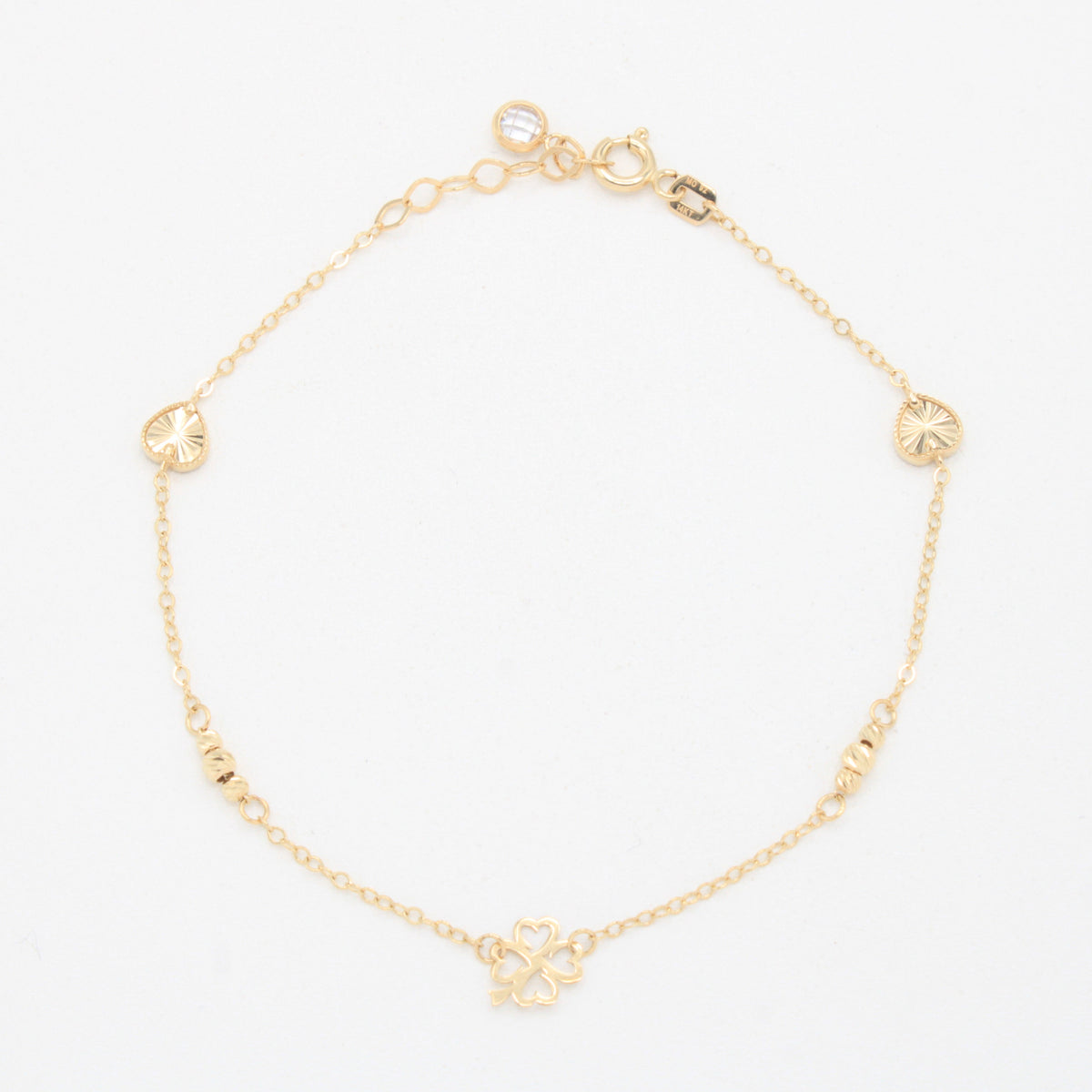 Pulsera de Oro 14k  Treboles de la Suerte y Corazones Diamantados mod. 11043