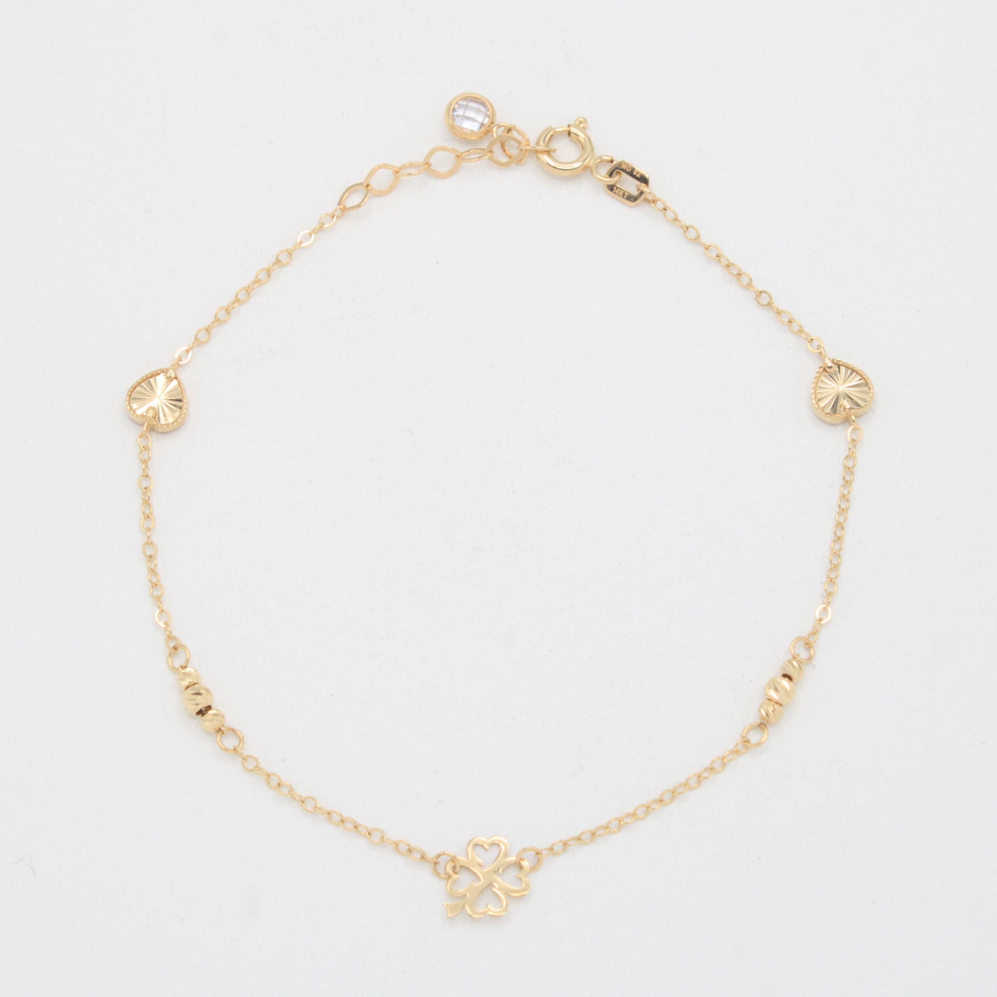 Pulsera de Oro 14k  Treboles de la Suerte y Corazones Diamantados mod. 11043