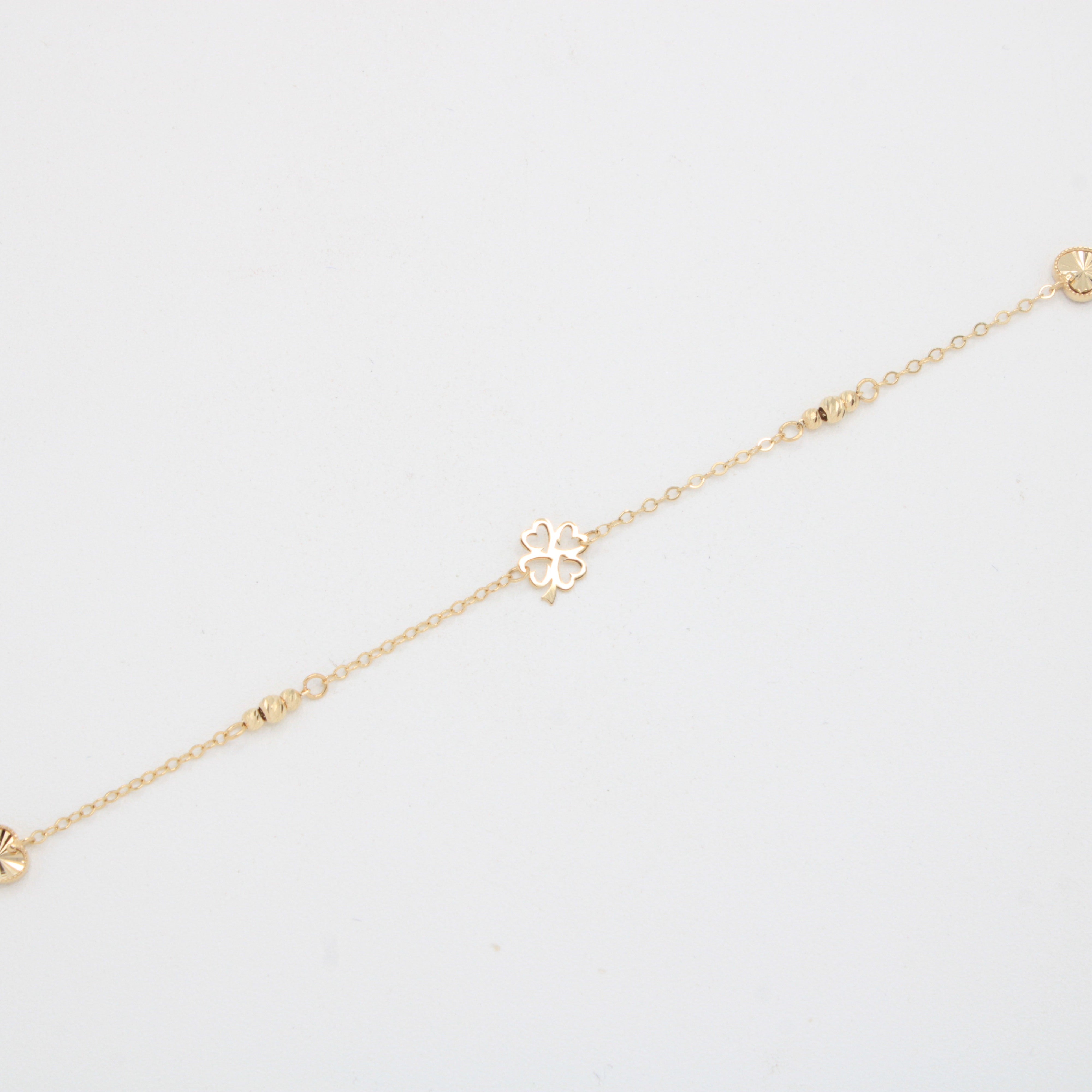 Pulsera de Oro 14k  Treboles de la Suerte y Corazones Diamantados mod. 11043