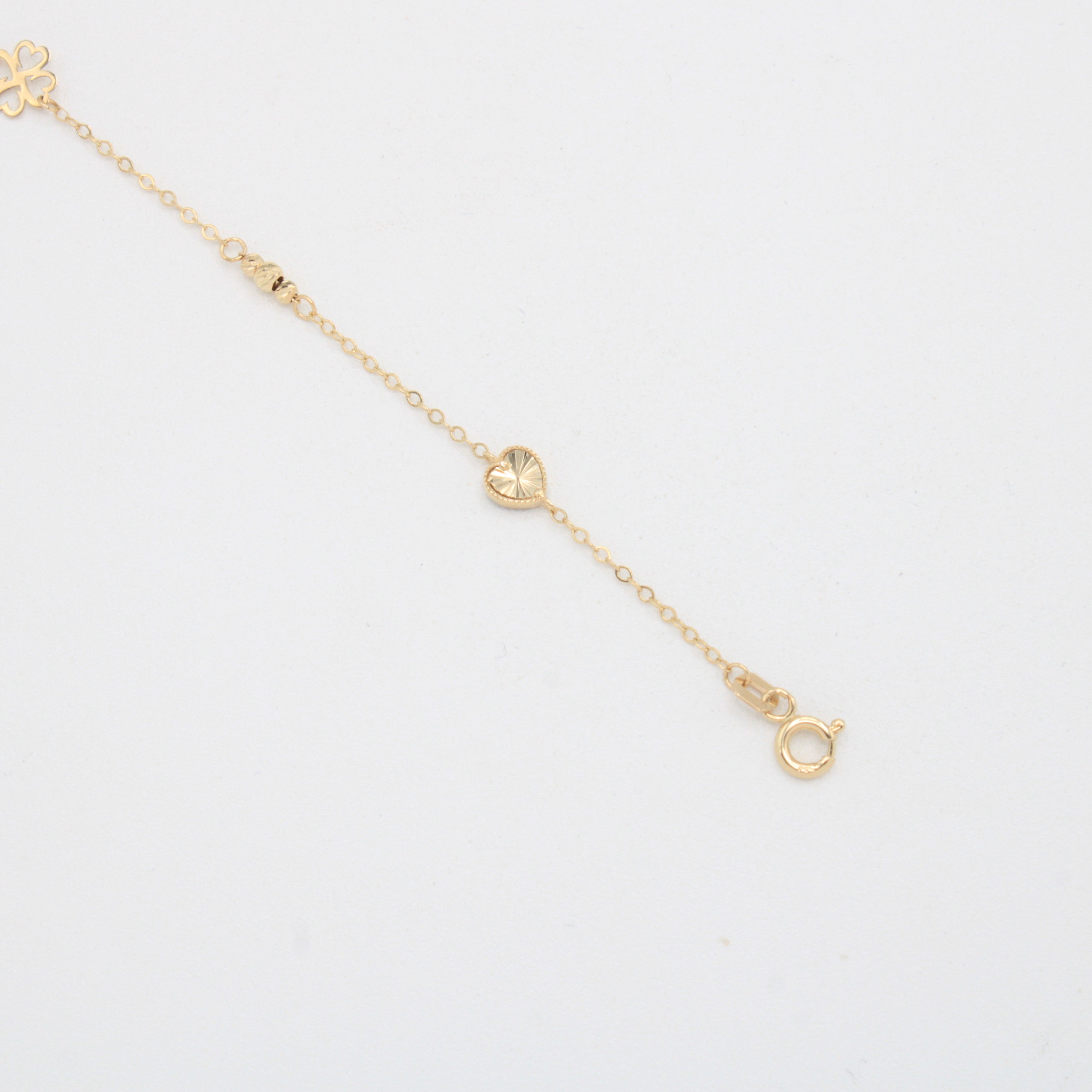 Pulsera de Oro 14k  Treboles de la Suerte y Corazones Diamantados mod. 11043