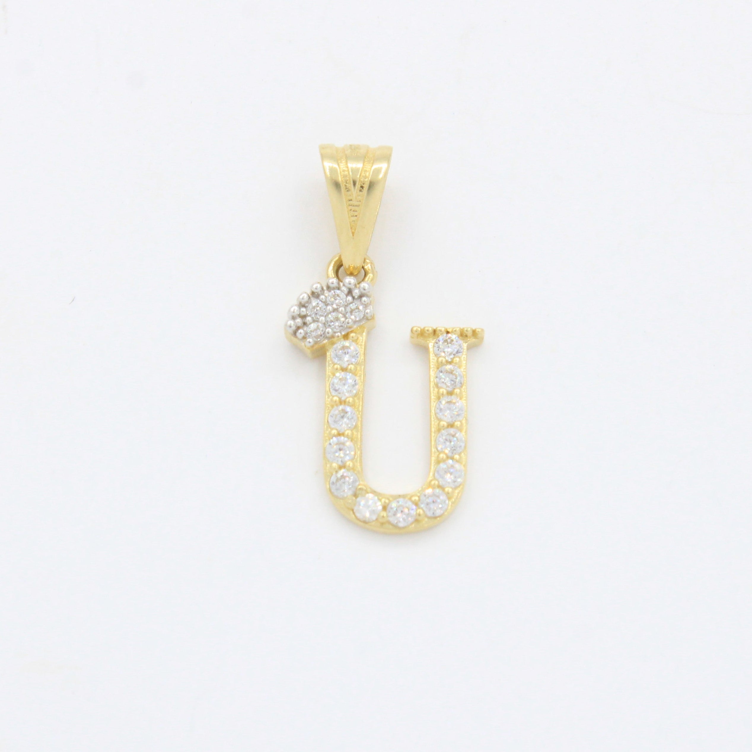 Dije de Oro 14k Modelo de Inicial U Diseñado con Corona e Incrustación de Zirconias mod. 10575