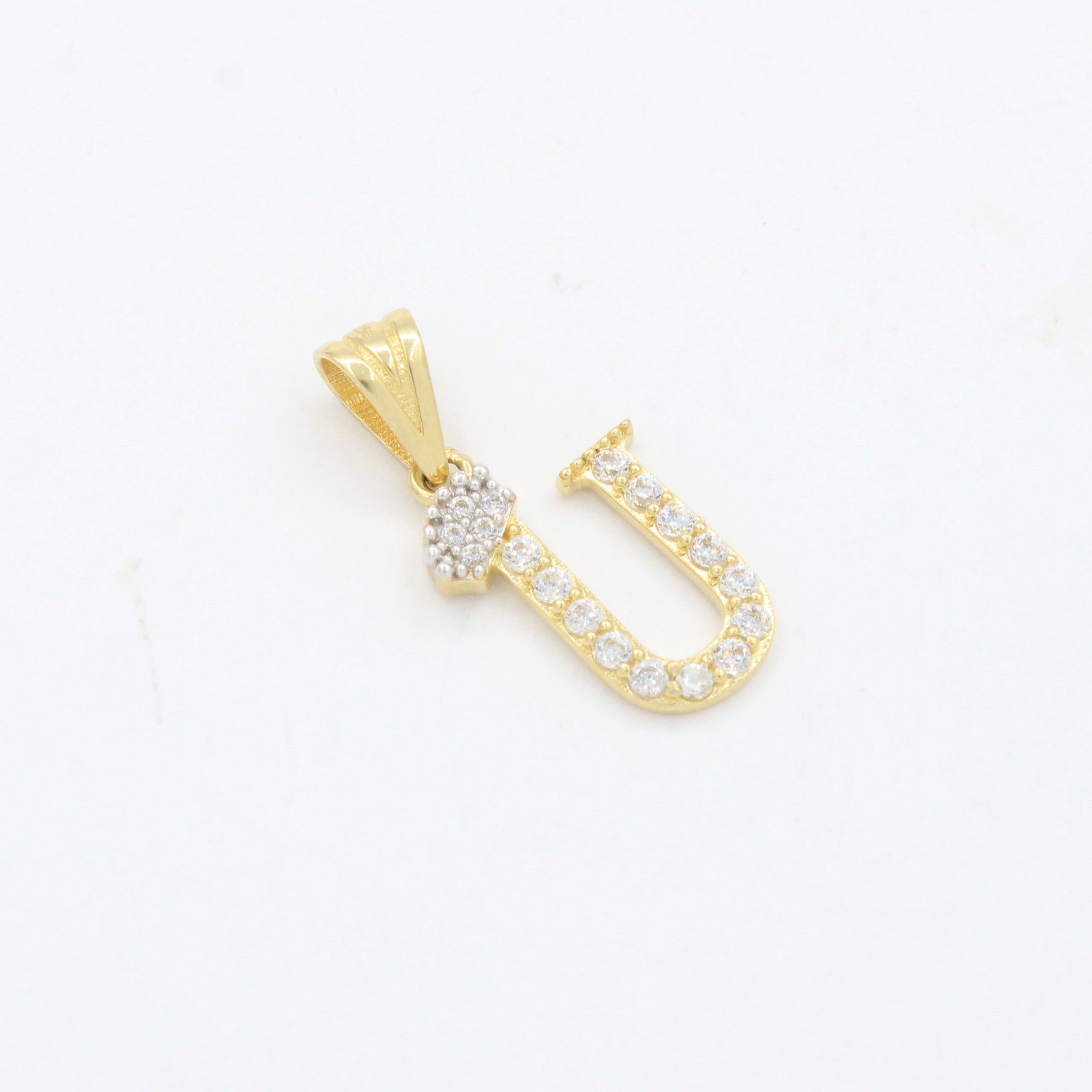 Dije de Oro 14k Modelo de Inicial U Diseñado con Corona e Incrustación de Zirconias mod. 10575