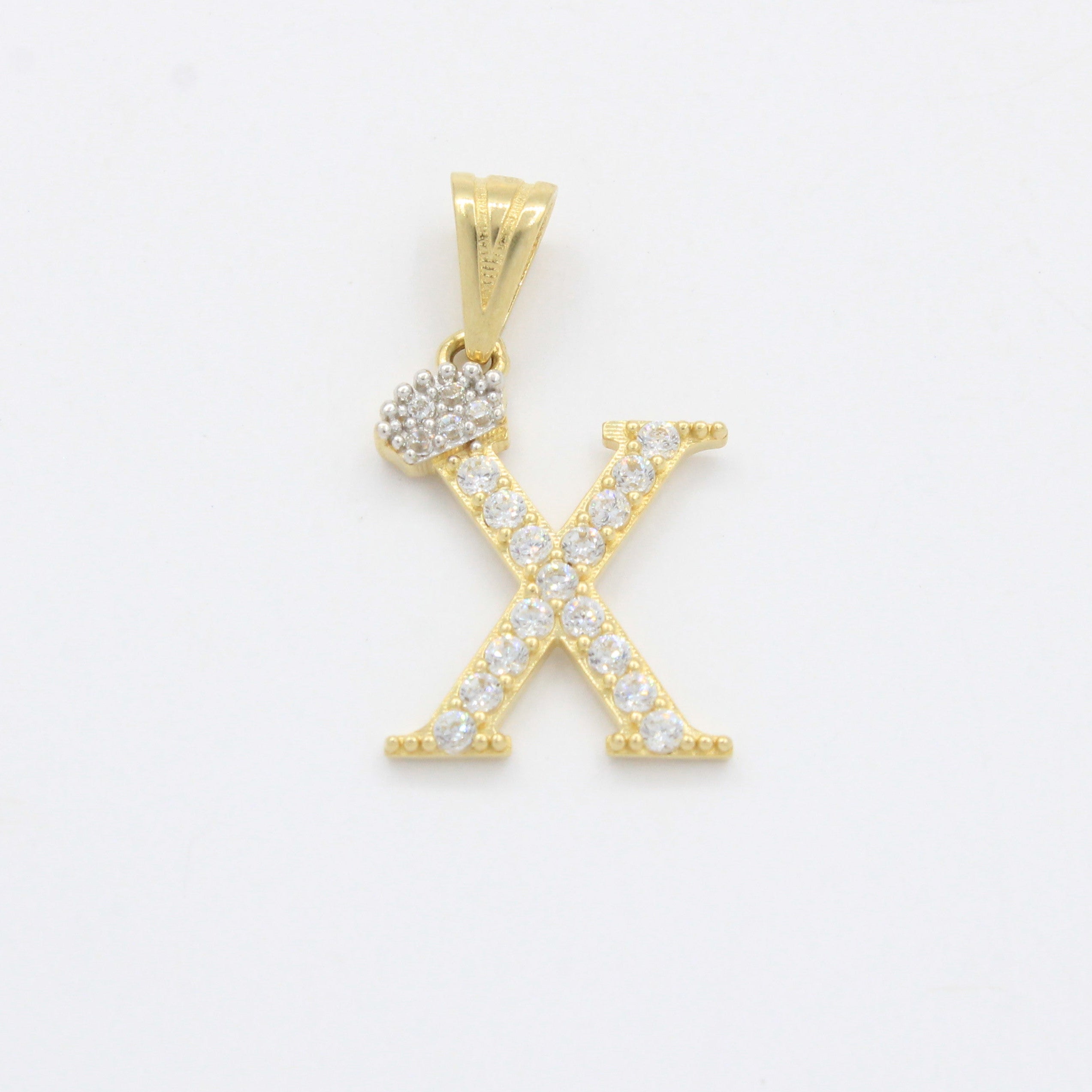 Dije de Oro 14k Modelo de Inicial X Diseñado con Corona e Incrustación de Zirconias mod. 10577