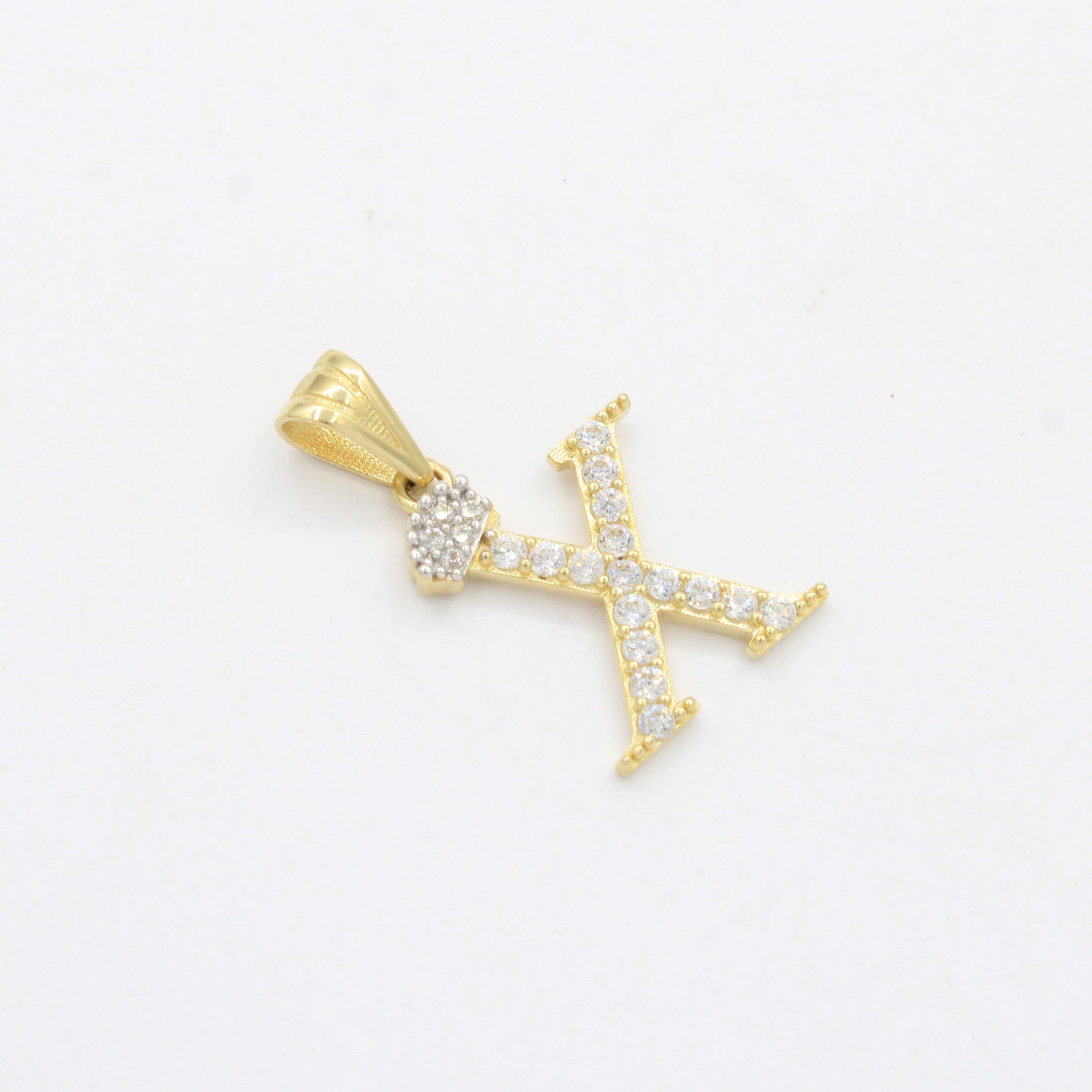Dije de Oro 14k Modelo de Inicial X Diseñado con Corona e Incrustación de Zirconias mod. 10577
