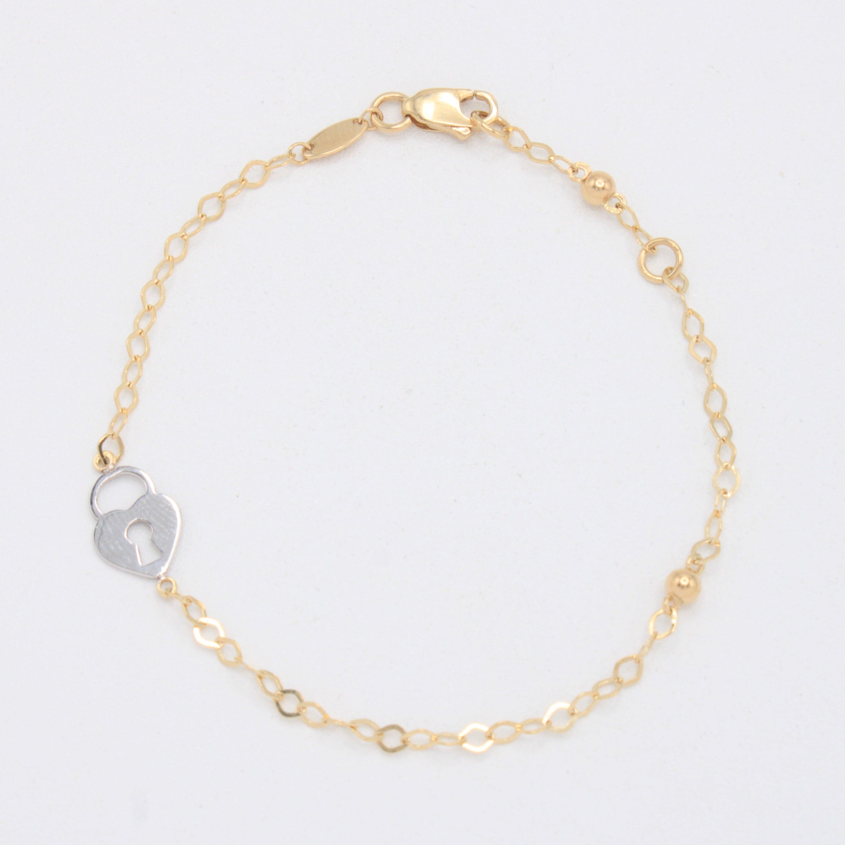 Pulsera de Oro 14k Candado de Corazón en Oro Blanco mod. 11047