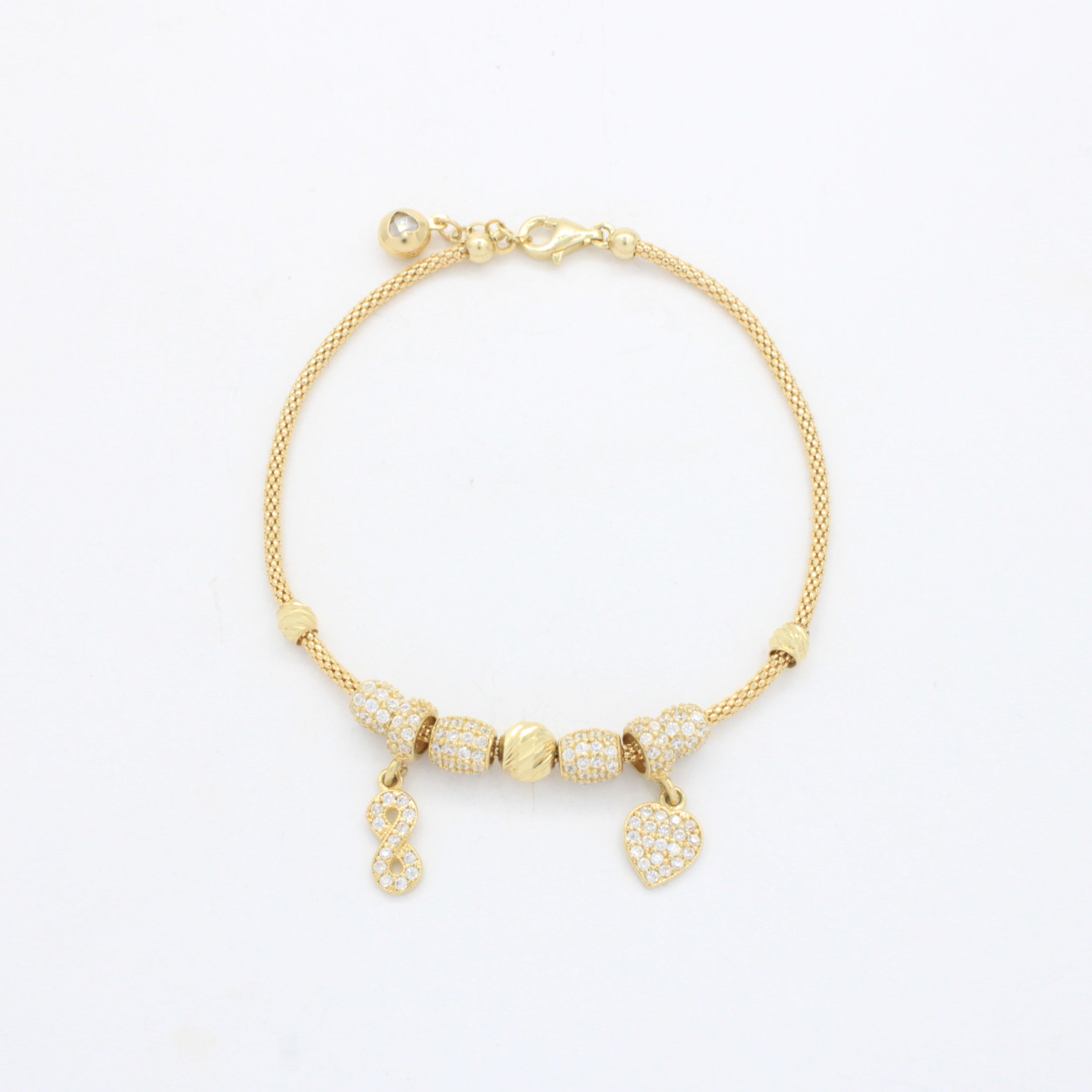 Pulsera de Oro 14k Tejido Cola de Rata con Dijes Charm Finos, Detalles con Zirconias y Diamantados mod. 10656