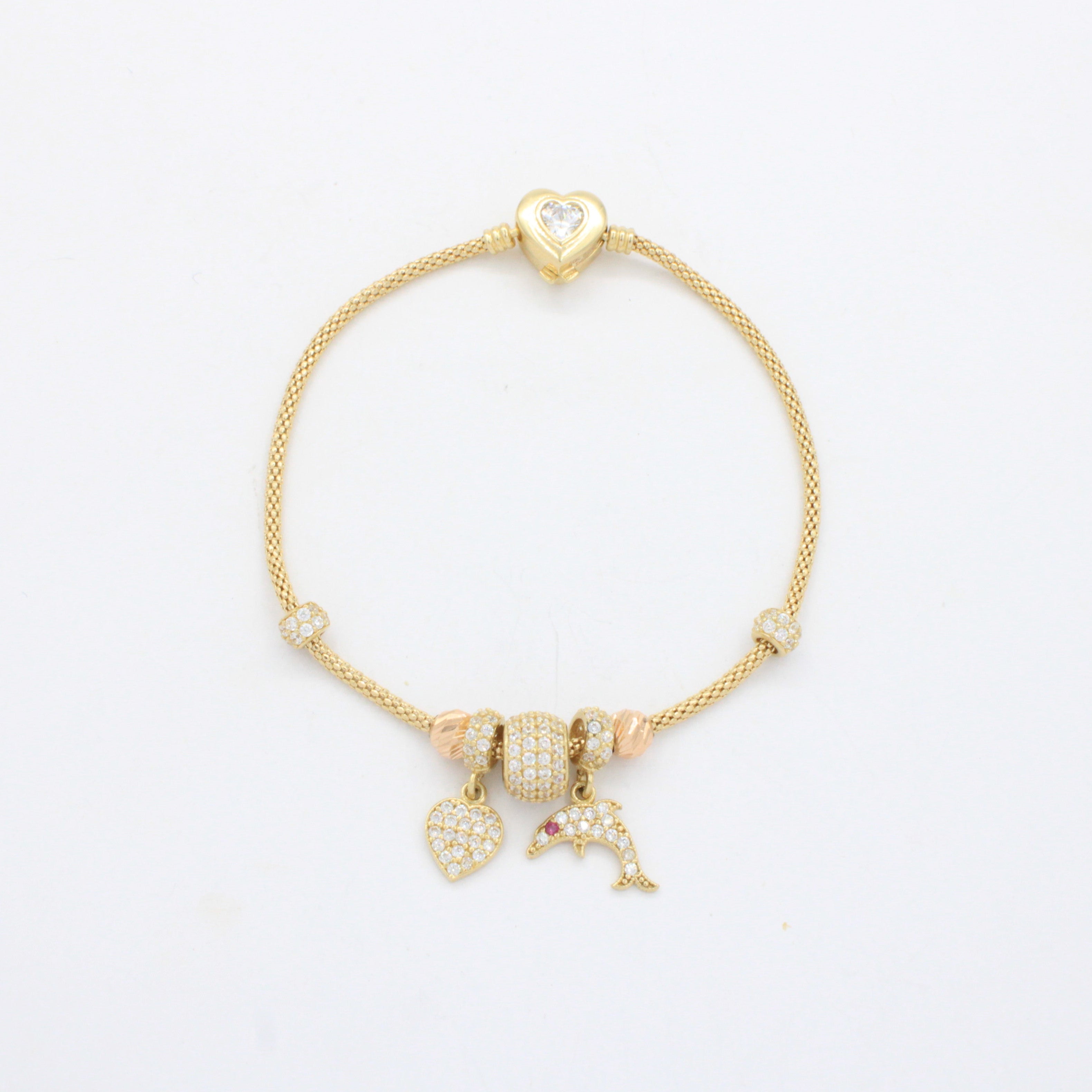 Pulsera de Oro 14k Tejido Cola de Rata con Dijes Charm, Detalles Diamantados e Incluye Zirconias mod. 10657