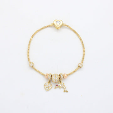 Pulsera de Oro 14k Tejido Cola de Rata con Dijes Charm, Detalles Diamantados e Incluye Zirconias mod. 10657