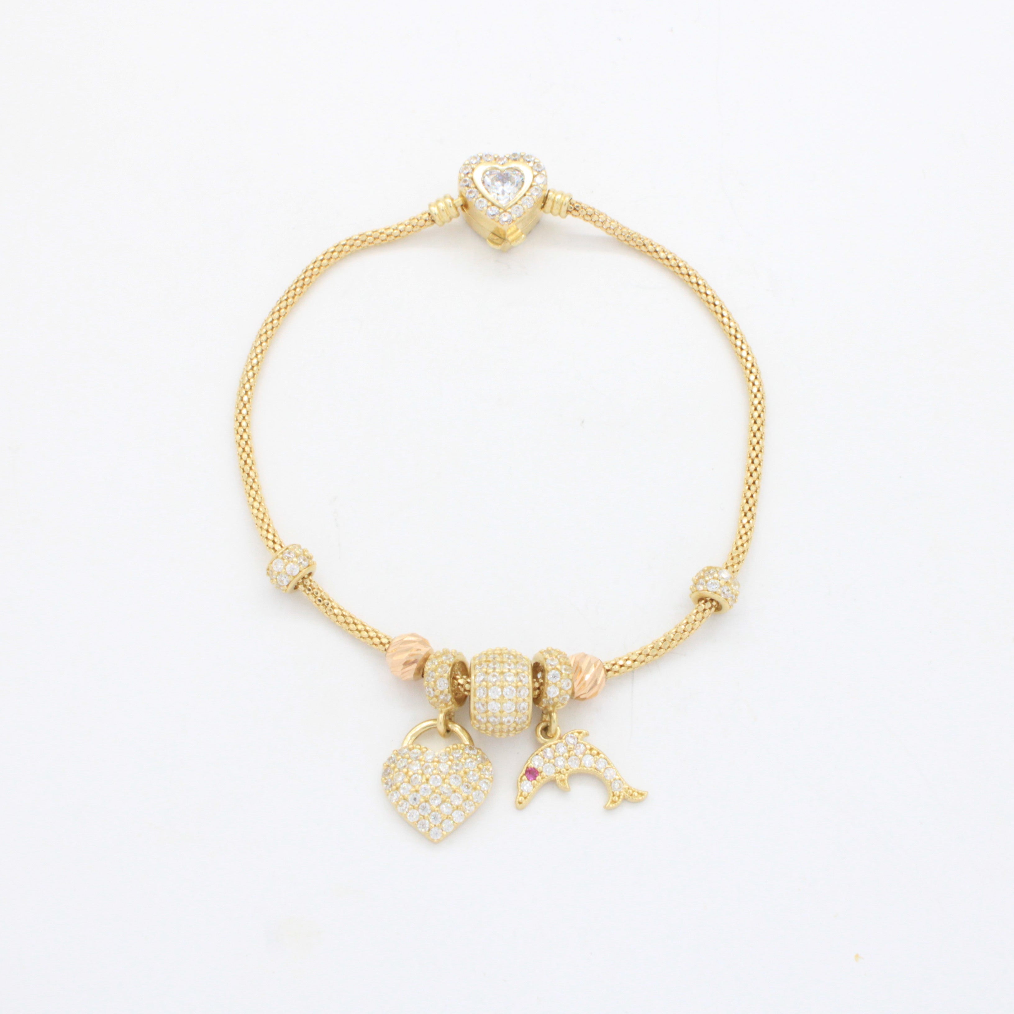 Pulsera de Oro 14k Tejido Cola de Rata con Dijes Charm, Detalles Finos y Diamantados con Zirconias mod. 10659