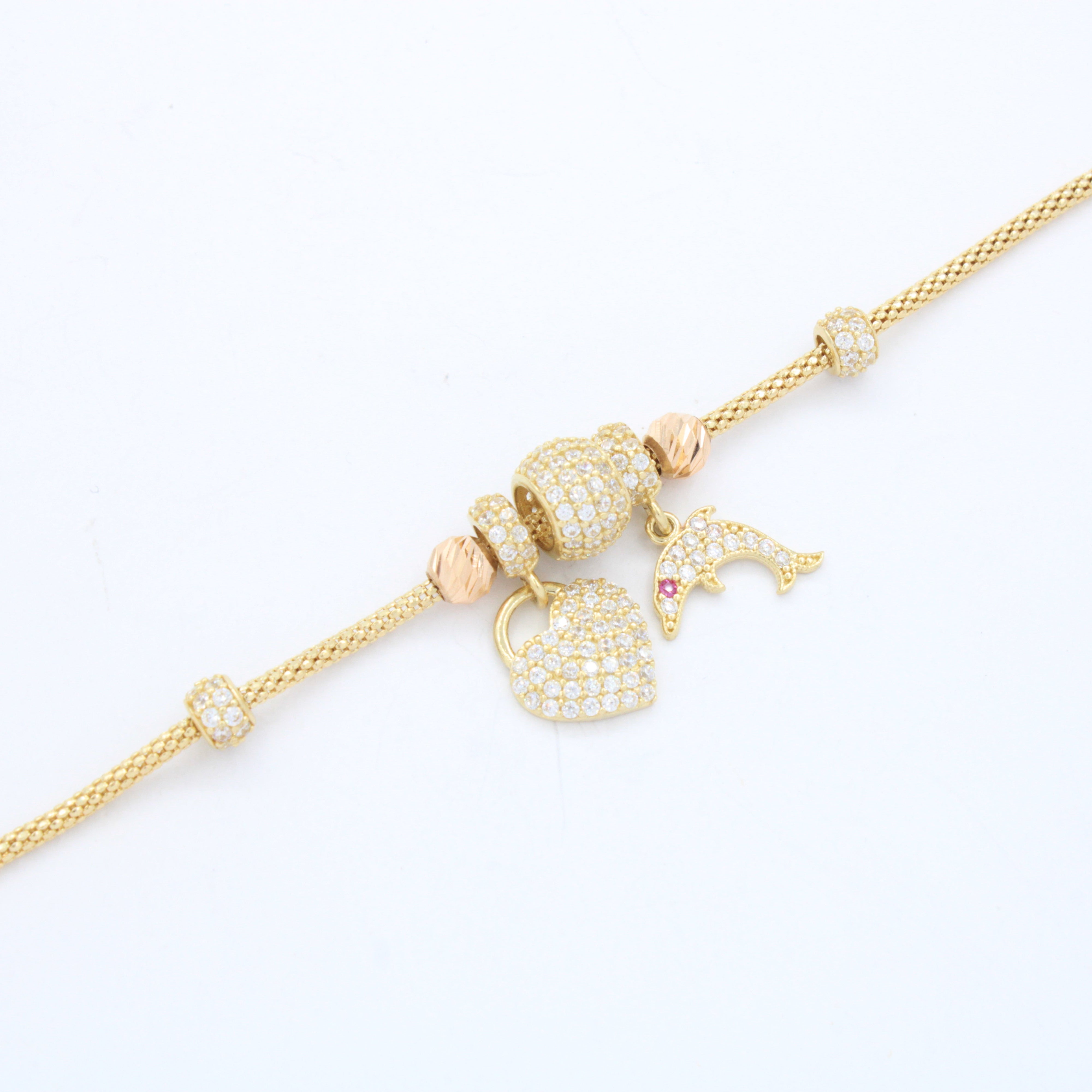 Pulsera de Oro 14k Tejido Cola de Rata con Dijes Charm, Detalles Finos y Diamantados con Zirconias mod. 10659