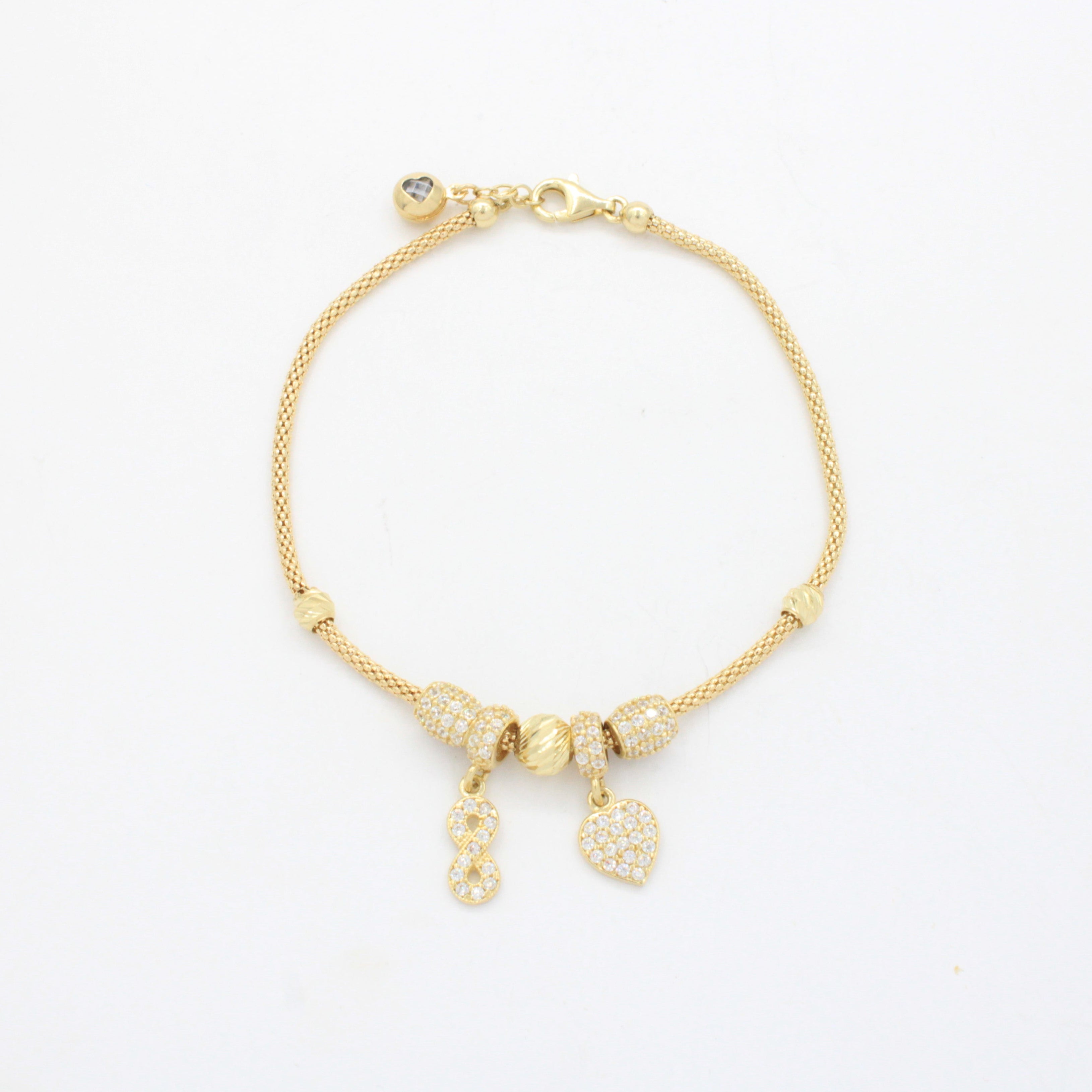 Pulsera de Oro 14k Tejido Cola de Rata con Dijes Charm Finos, Zirconais Brillantes y Diamantados mod. 10660